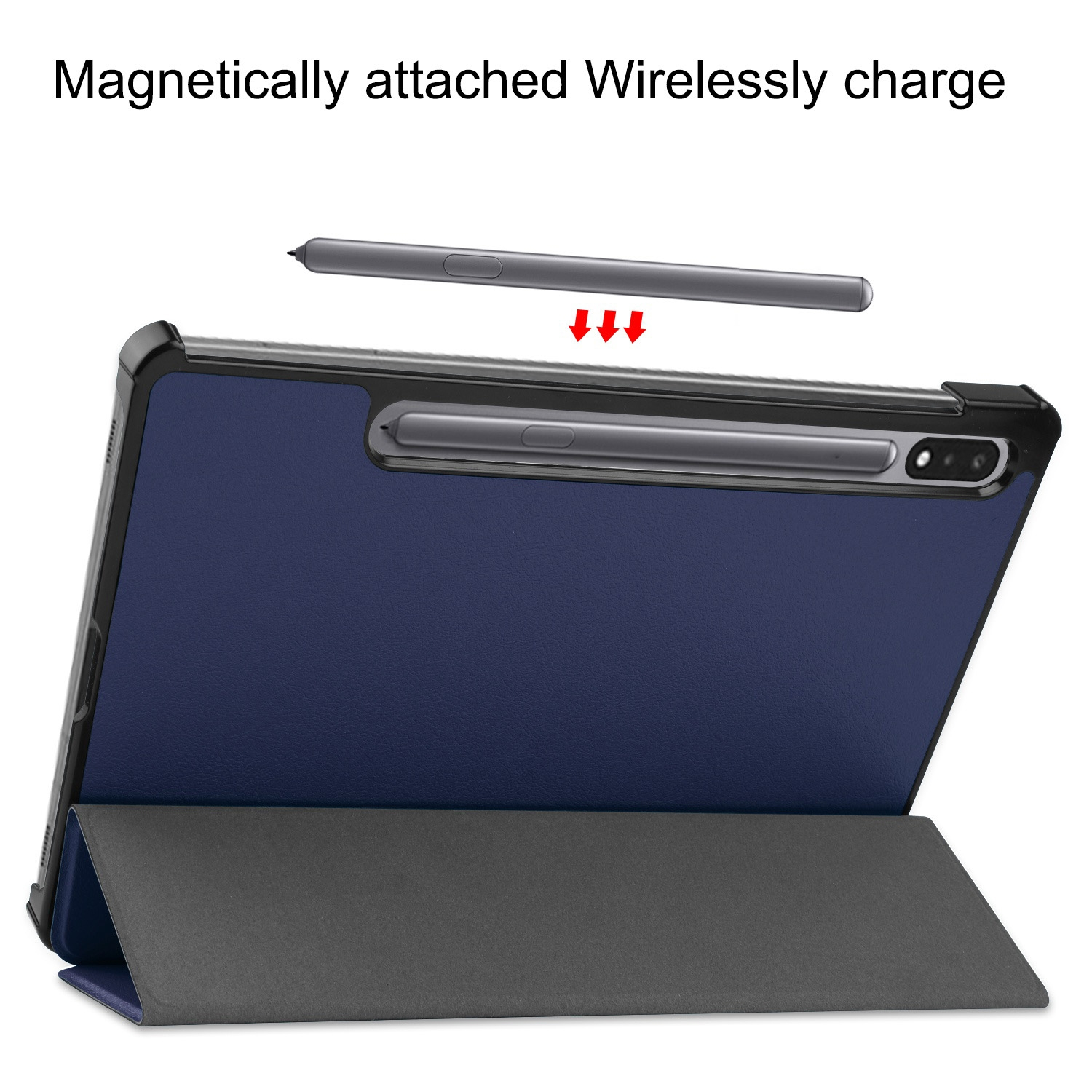 Tablet mit magnetisch befestigtem Stift. Der Stift befindet sich darüber, mit Pfeilen, die das Laden anzeigen.