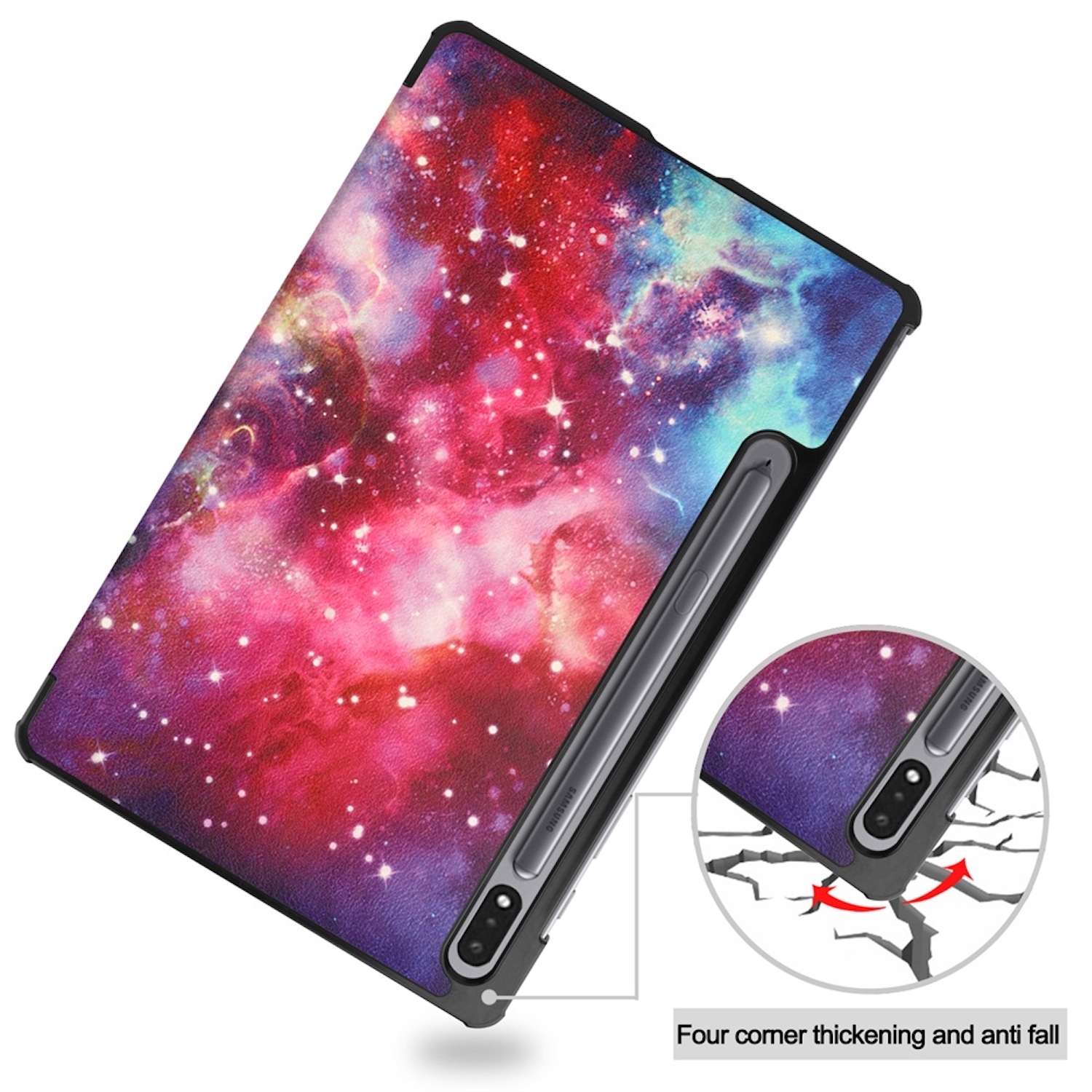 Tablethülle mit Galaxie-Design. Sie hat einen schwarzen Rahmen. Ein Stift ist im Cover eingesetzt.