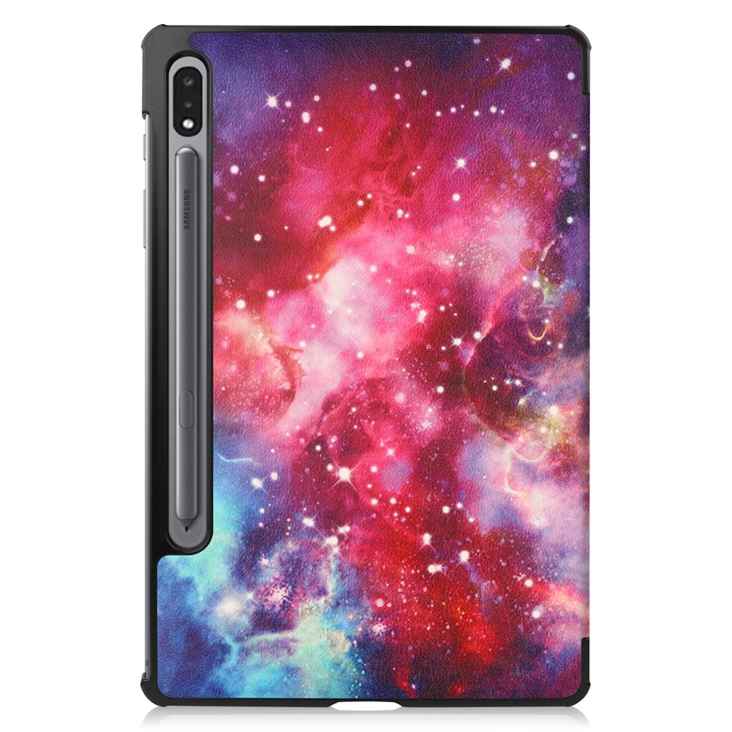 Tablethülle mit Galaxiemuster, Stift inklusive. Schwarze Verkleidung, weißer Hintergrund.