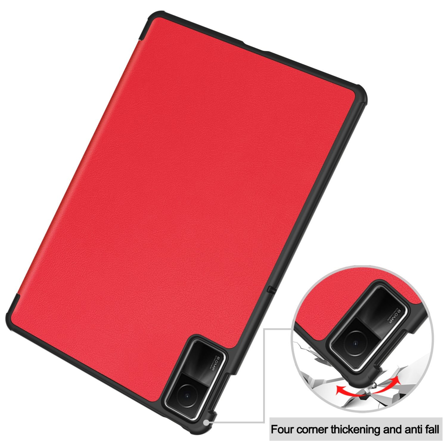Rote Tablet-Hülle mit Kameraausschnitten. Zeigt eine Ecke mit Aufprallschutz.