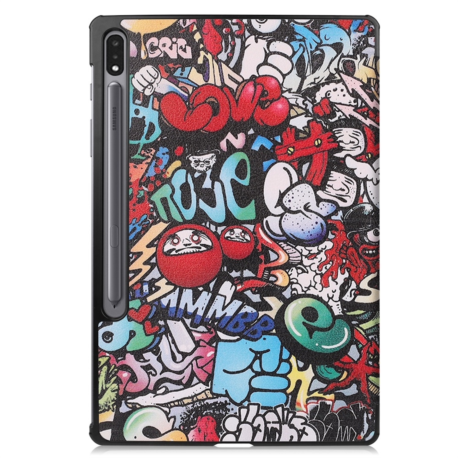 Tablethülle mit buntem Graffiti-Design, Stift befestigt. Die Hülle zeigt eine Vielzahl von Kunstwerken.