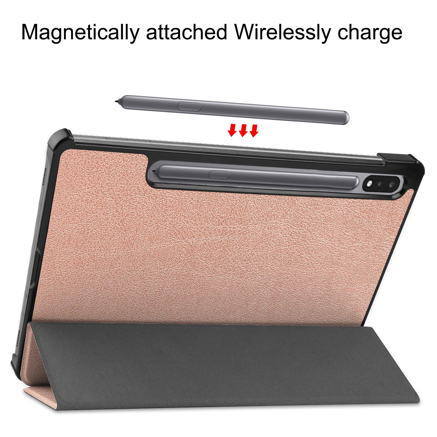 Ein rosa Tablet mit Stift und Hülle, von der Seite gezeigt.