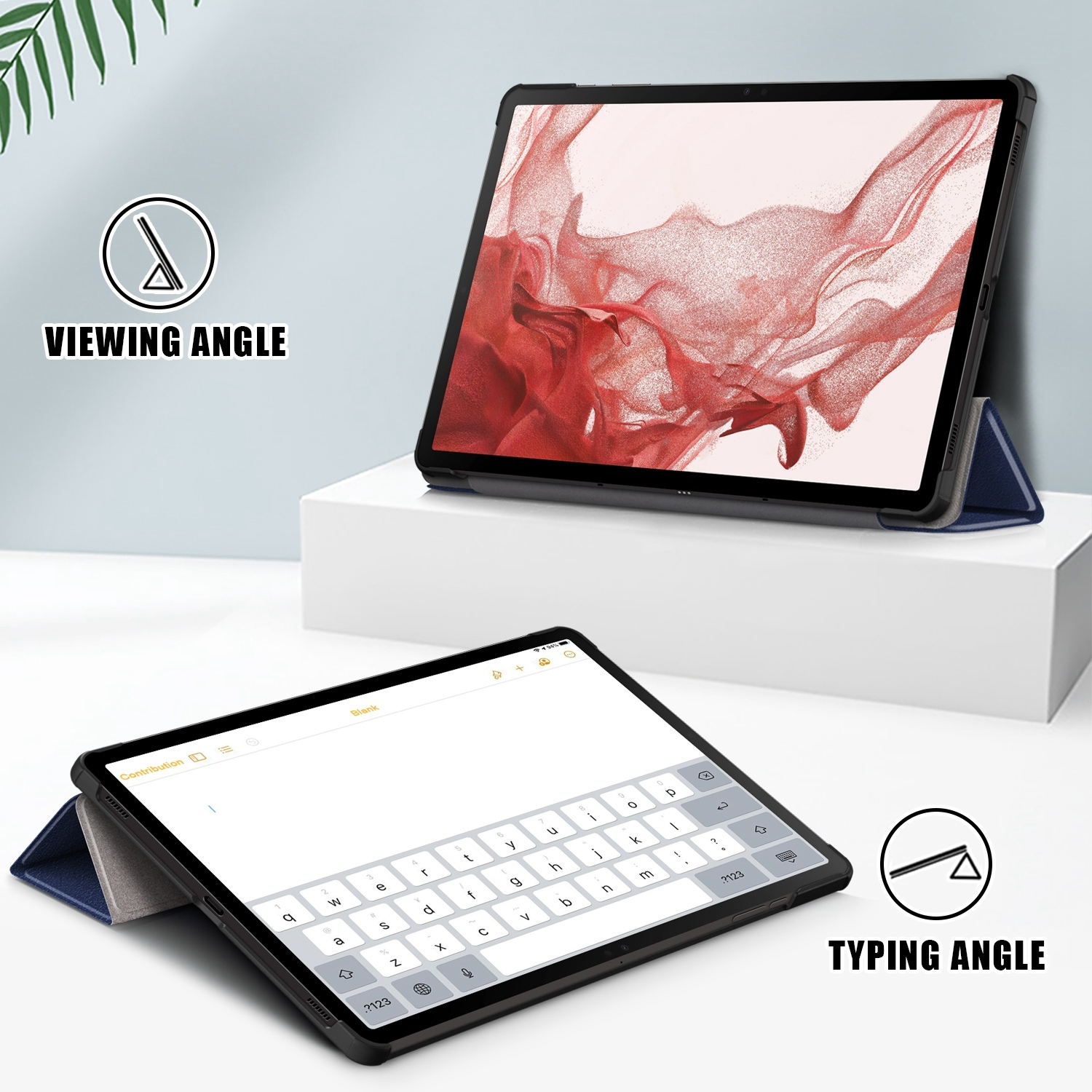 Tablet in blauem Gehäuse, gezeigt in einem Betrachtungs- und Schreibwinkel. Weißer Hintergrund mit weißer Plattform.