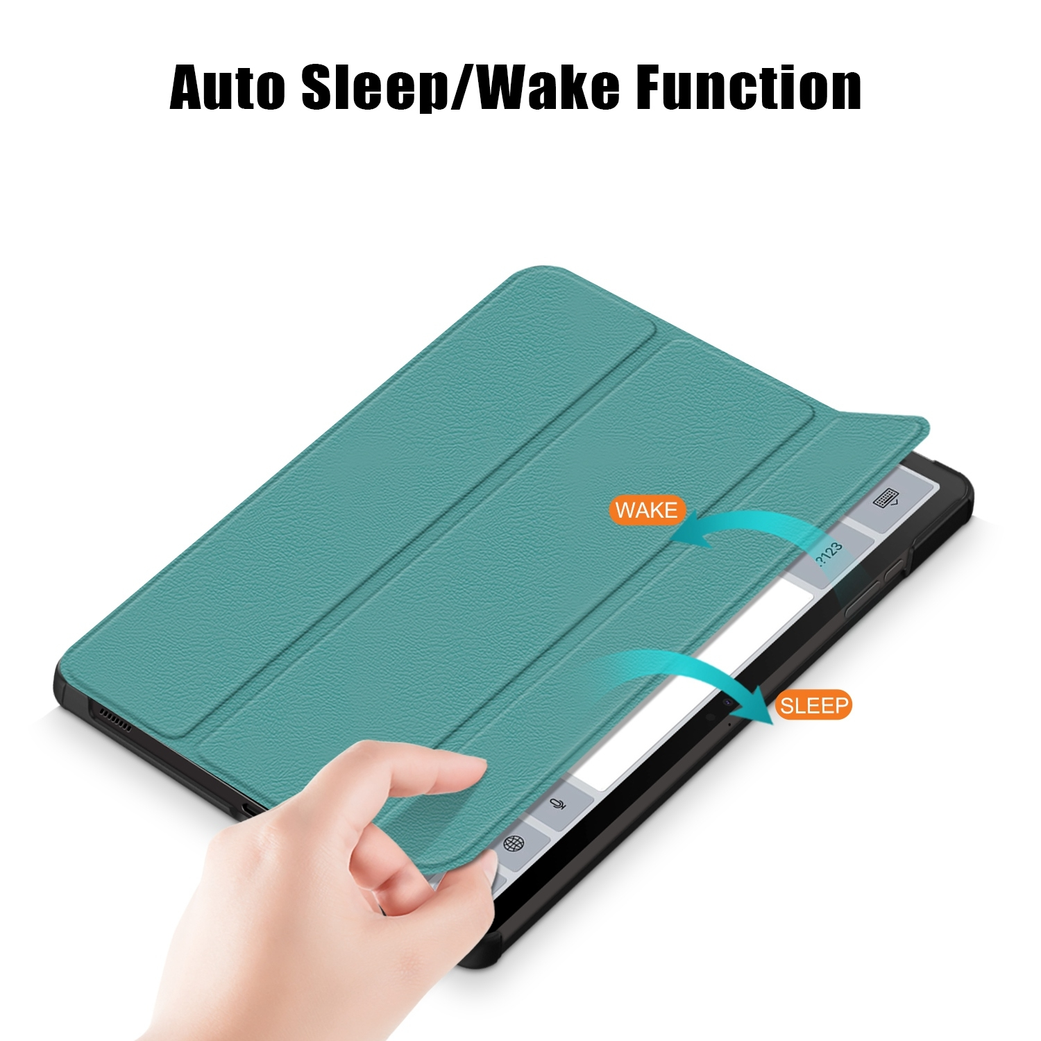 Türkis Tablet-Hülle. Hand öffnet die Hülle und zeigt den Bildschirm. Pfeile zeigen Wake- und Sleep-Funktionen.