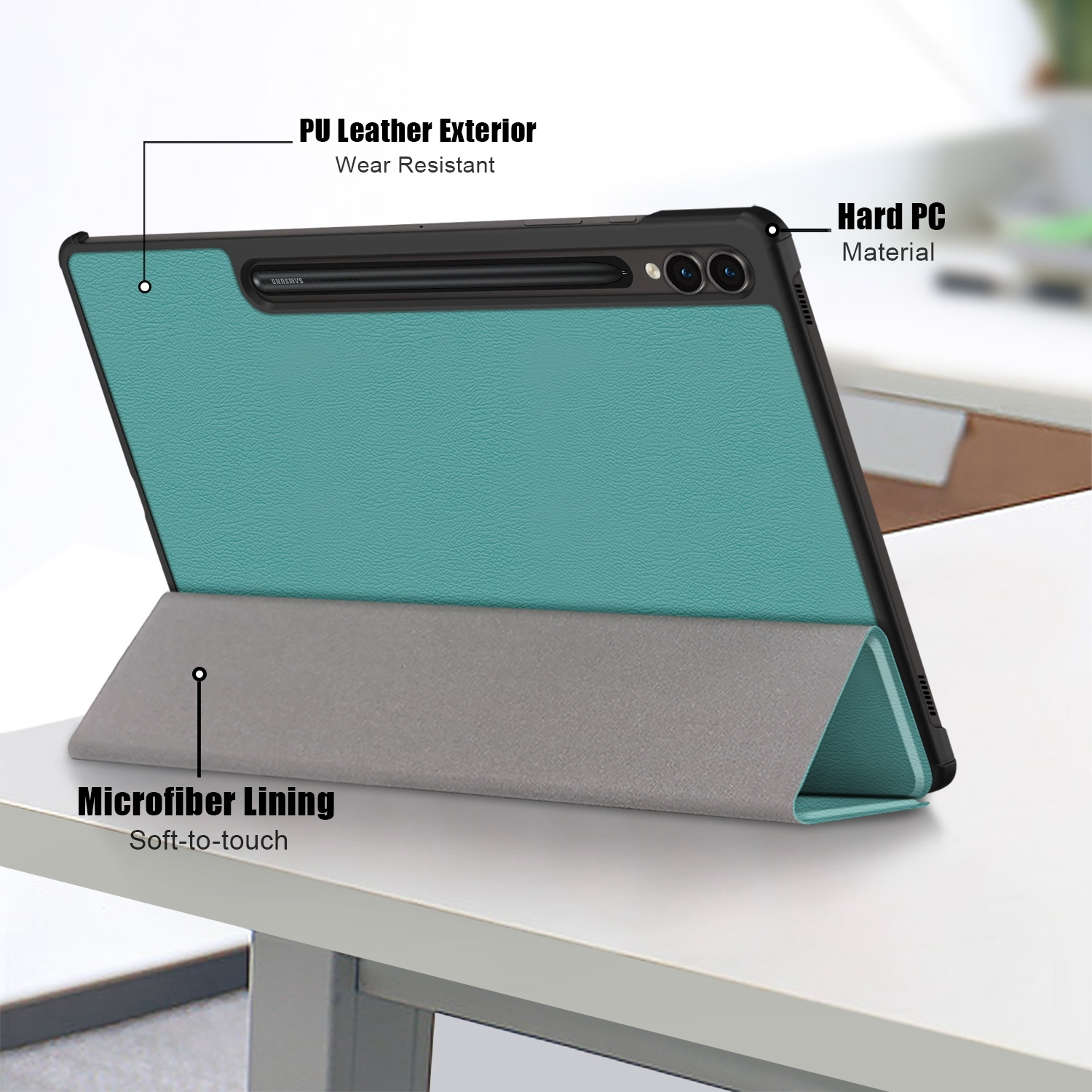 Tablet in türkisfarbener Hülle, offen, um den Bildschirm zu zeigen. Details: PU-Leder, Mikrofaserfutter, Hart-PC-Material.