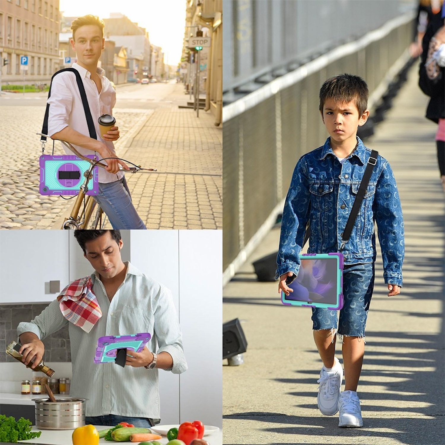 Vier Bilder von Personen, die Tablets in verschiedenen Umgebungen benutzen: Straße, Küche und beim Gehen.