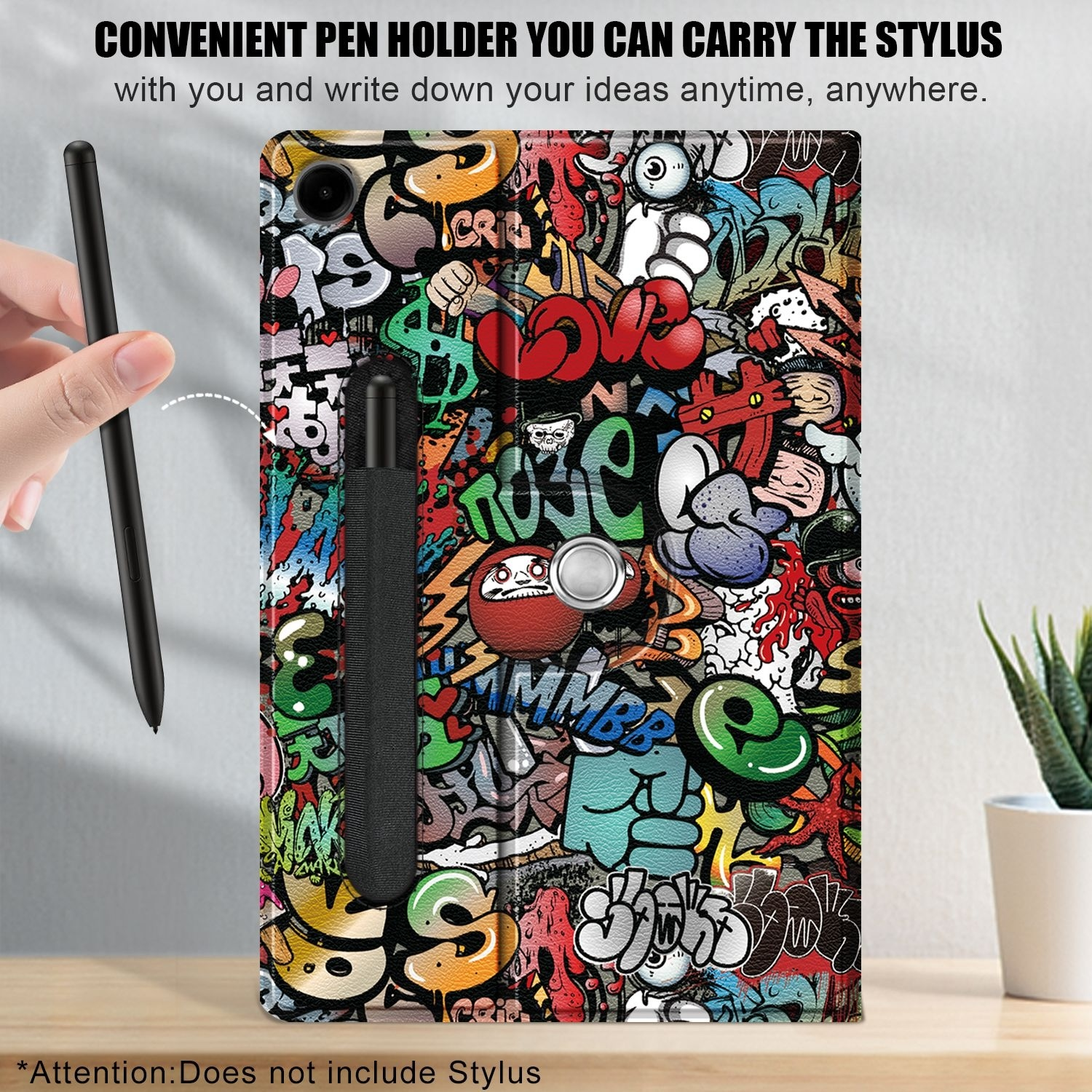 Funda de tableta con diseño de graffiti. Una mano sostiene un lápiz a la izquierda.