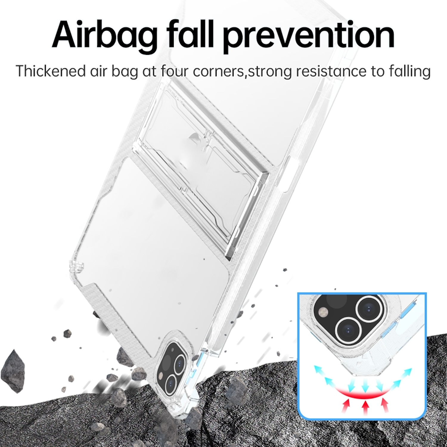 Transparente Tablet-Hülle mit Airbag-Schutz. Pfeile zeigen Aufprallzonen.