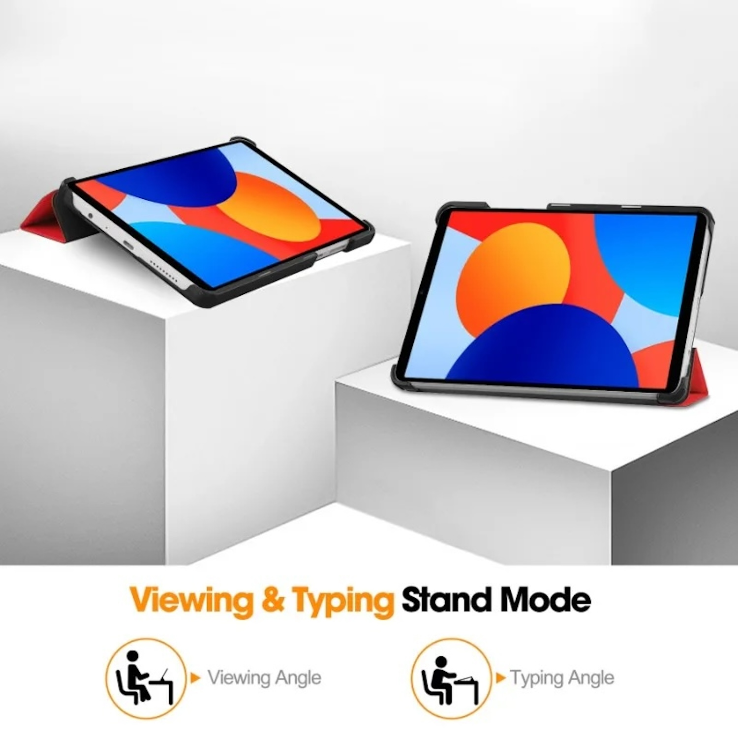 Dos tabletas sobre bloques blancos muestran diferentes modos de soporte: ángulo de escritura y visualización.