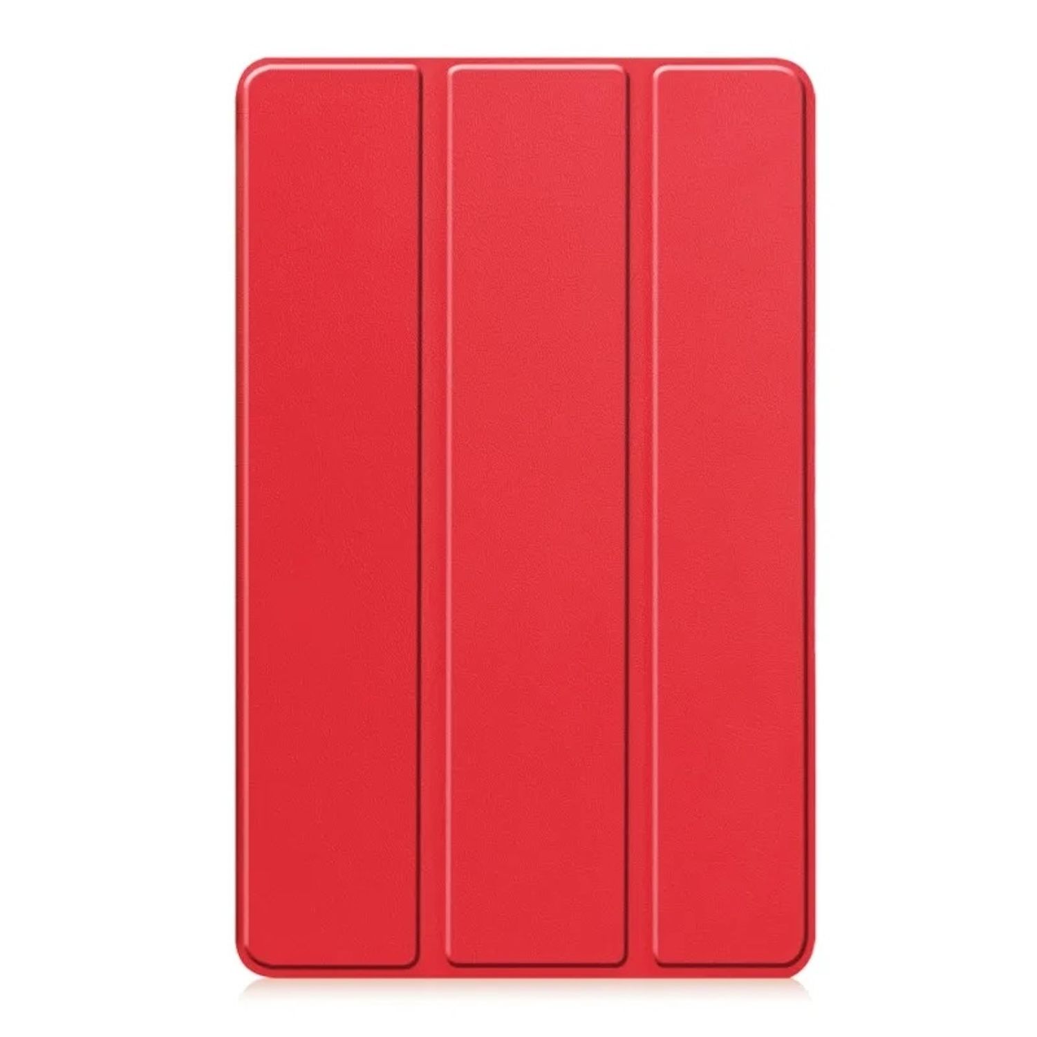 Una funda roja para tableta cerrada. La funda es rectangular con tres pliegues verticales en la parte delantera.