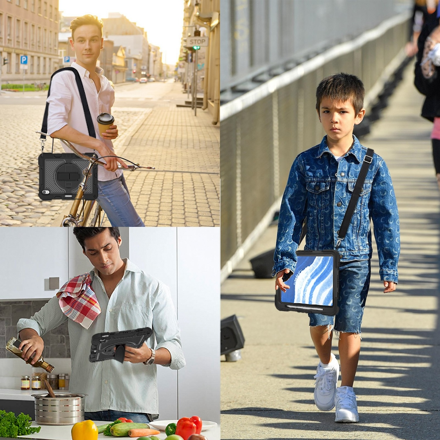 Vier Bilder: Personen mit Tablethüllen mit Schultergurten. Einer auf dem Fahrrad, einer beim Gehen, einer beim Kochen.