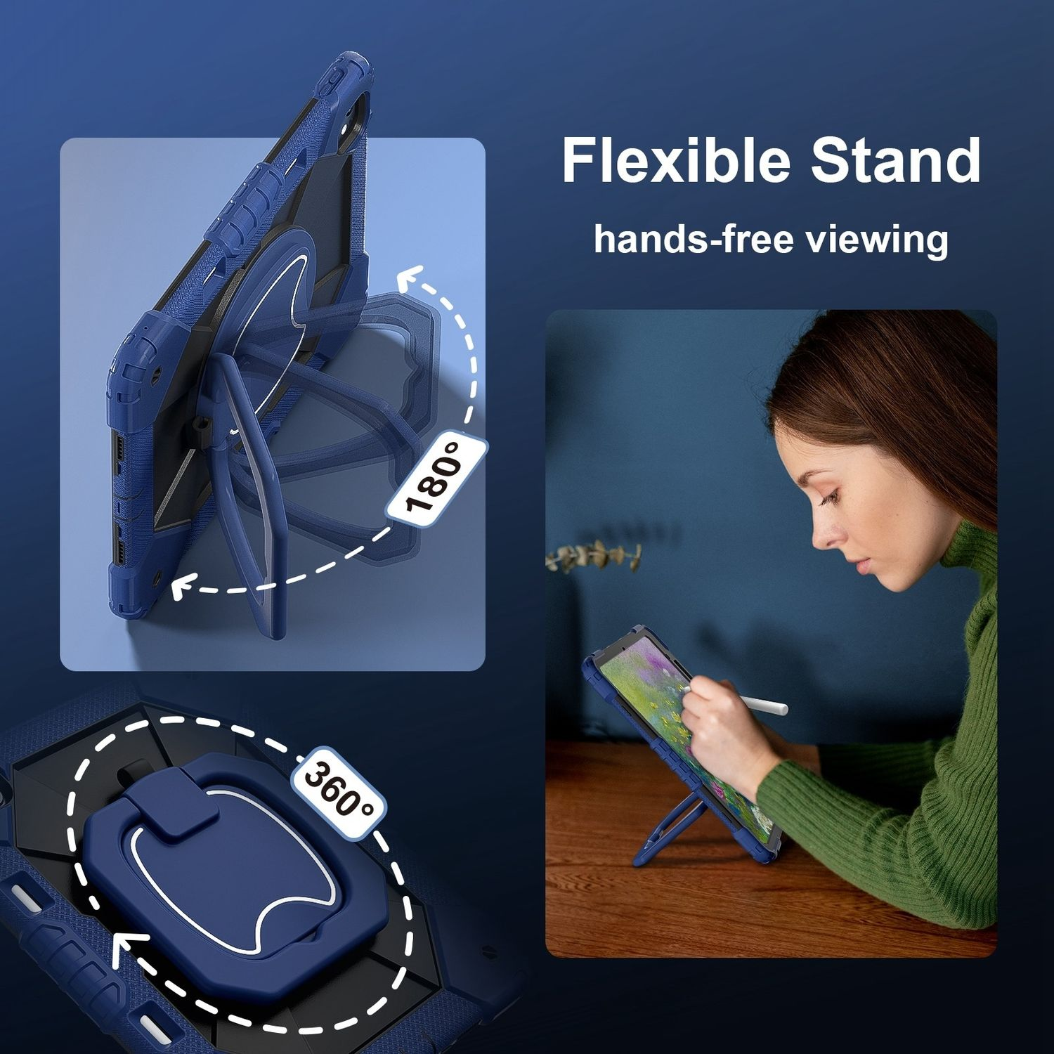 Blaue Tablethülle mit Ständer. Eine Frau benutzt das Tablet. Weiße gestrichelte Linien zeigen die Winkel.