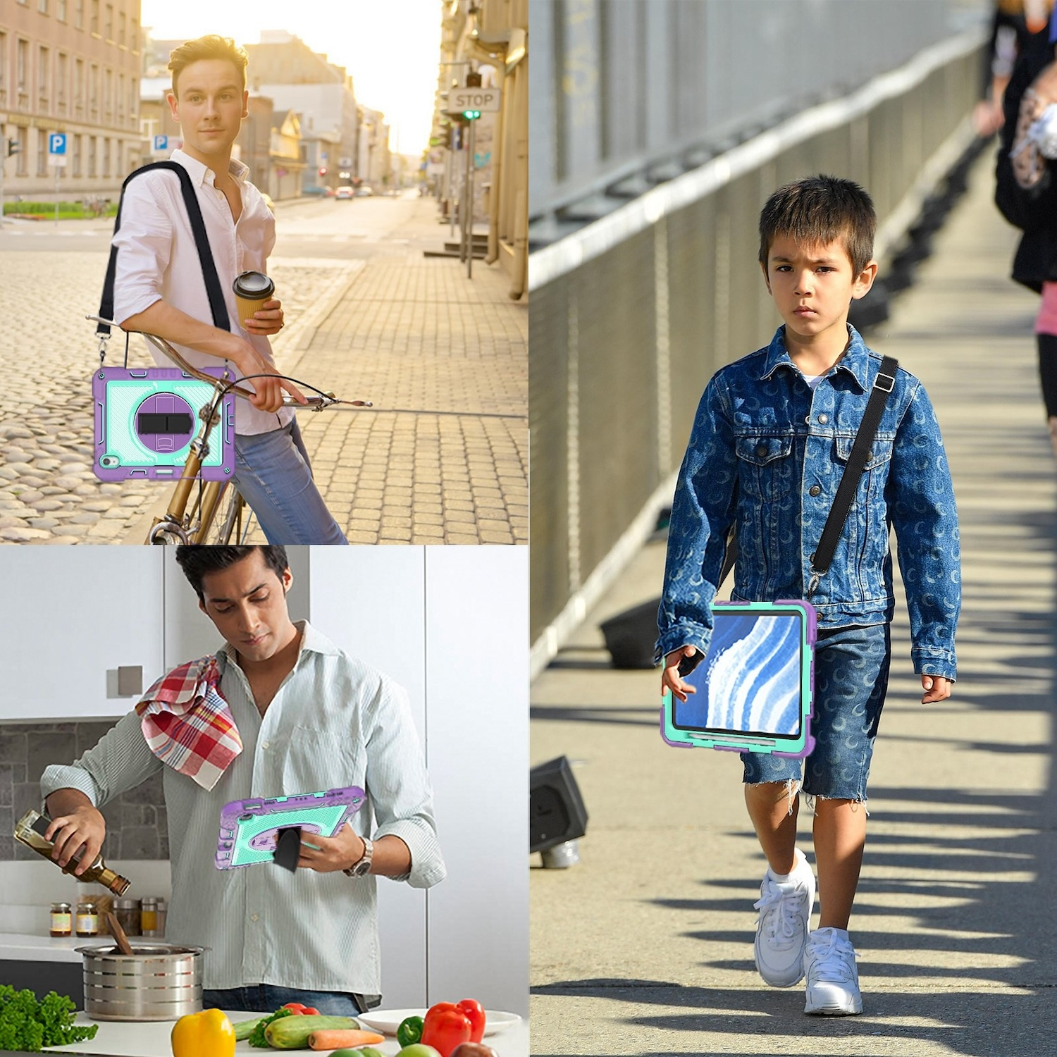 Vier Bilder, die zeigen, wie Menschen Tablet-Hüllen verwenden. Die Hüllen sind blau und lila.