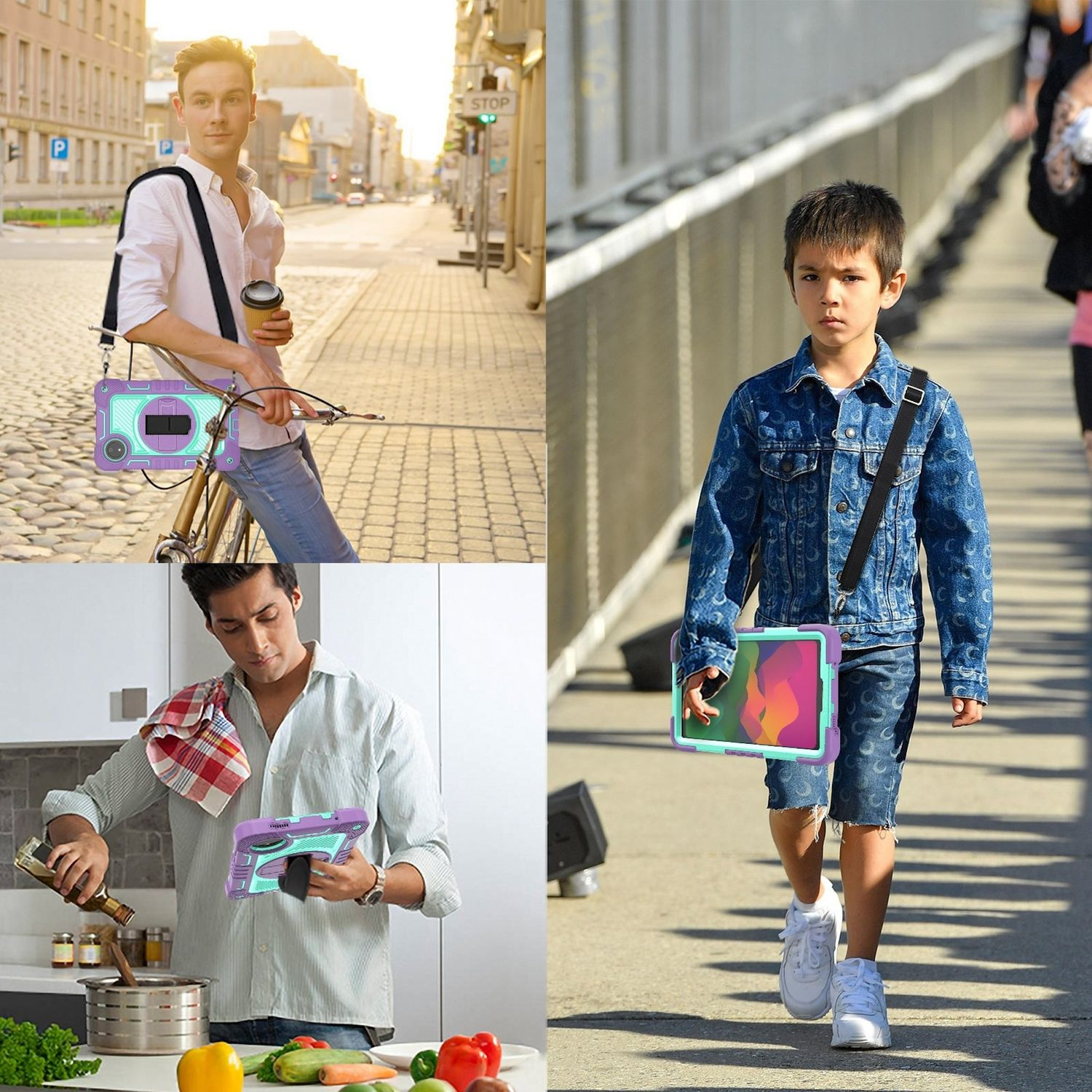 Personas usando fundas de tablet con correas para el hombro en varios entornos: andar en bicicleta, cocinar y caminar.