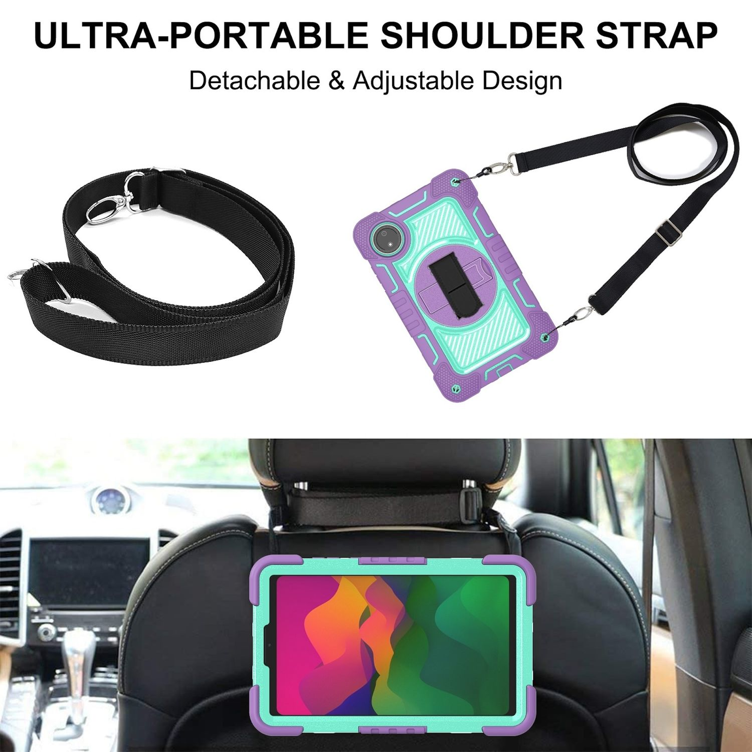 Tableta y accesorios: una tableta en una funda morada y verde y una correa de hombro negra.