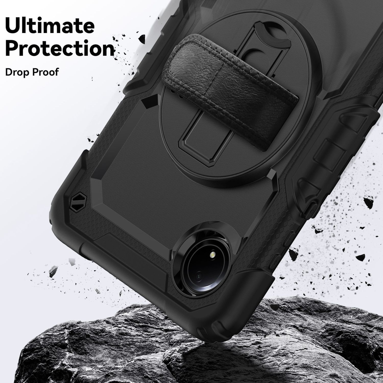 Funda negra para tableta con diseño a prueba de caídas. Una funda negra sobre una superficie rocosa.