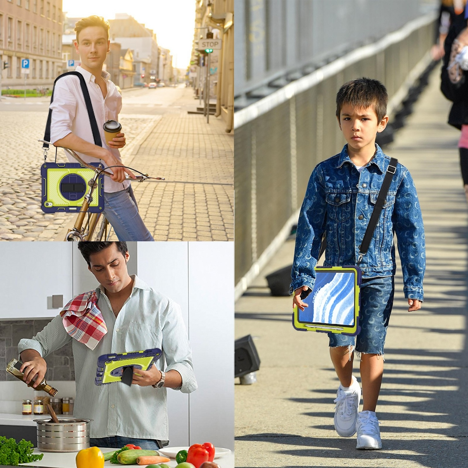 Personen, die Tablets mit Schultergurten benutzen. Beispiele für die Nutzung in der Stadt, Küche und beim Gehen.