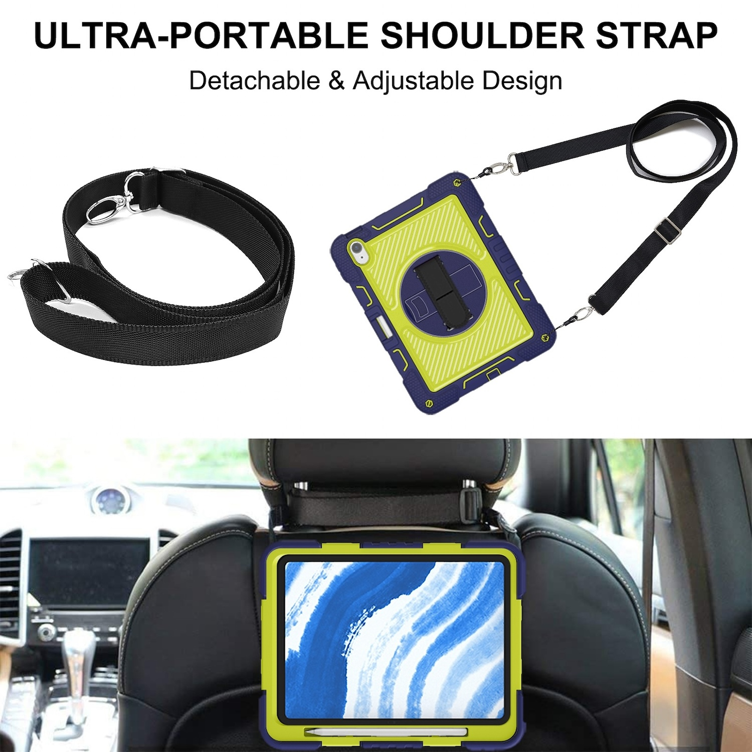 Schwarzer Schulterriemen und Tablethülle. Tablethülle mit grünem und blauem Design, in der Kopfstütze des Autos.