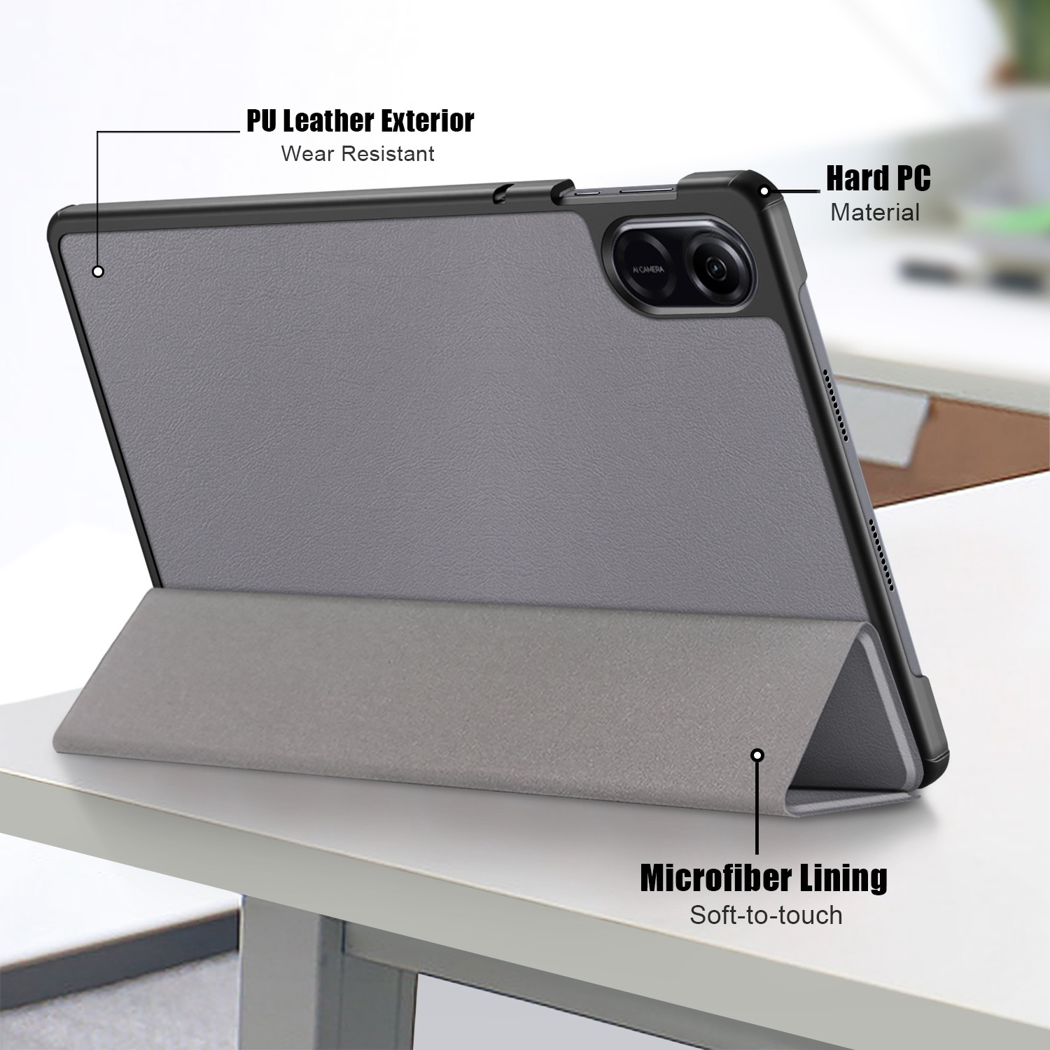 Tablet in grauer Hülle mit Ständer. Graue Außenseite mit schwarzem Rahmen.