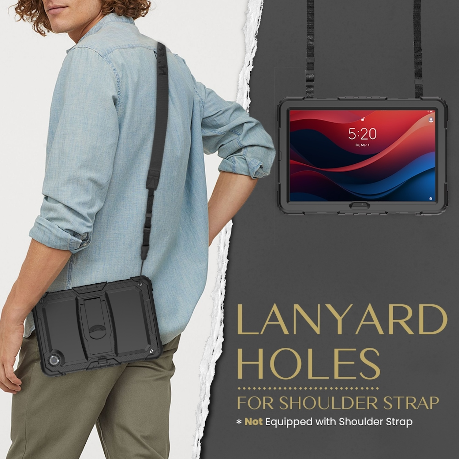 Mann, der ein Tablet mit Lanyard-Löchern für einen Schultergurt trägt. Das Tablet ist in einer Hülle.