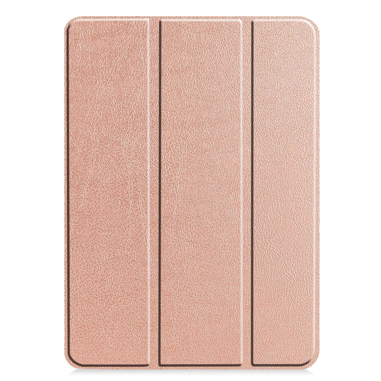 Una funda para tableta rosa claro con textura de cuero, plegada en tres partes.