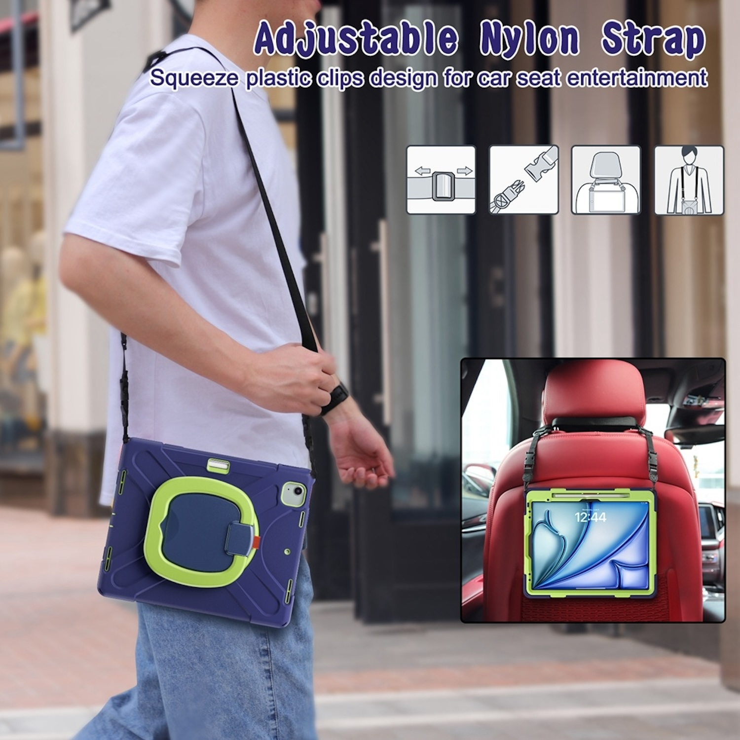 Ein Mann mit einem Tablet in einer Hülle mit Nylonriemen, demonstriert die Einrichtung zur Unterhaltung im Auto.