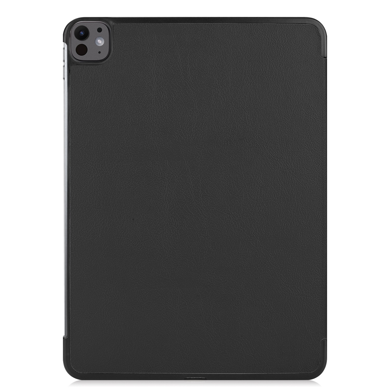 Funda negra para tableta. Se muestra la parte trasera de la tableta con la cámara y el lateral.