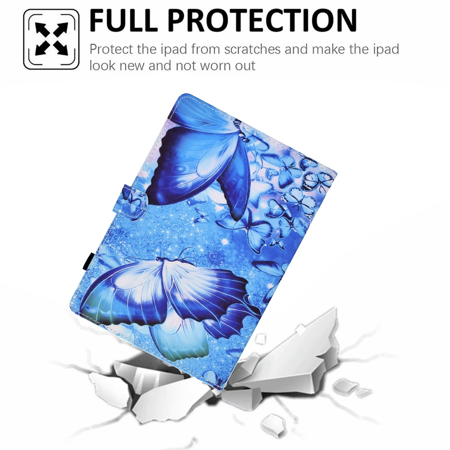 Funda azul para tablet con mariposas. Fondo blanco con grietas. Texto: PROTECCIÓN TOTAL, protege el iPad.