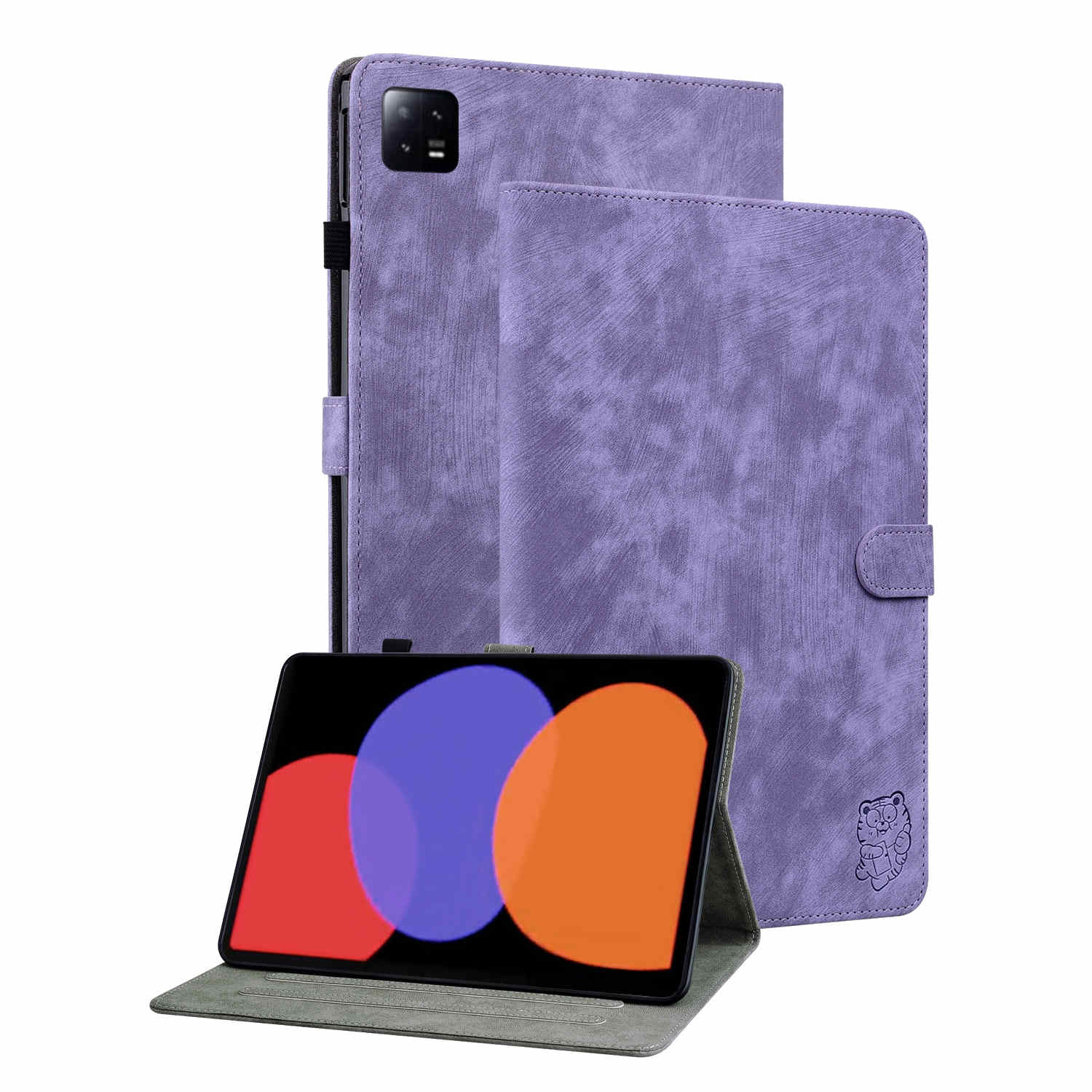 Lila Tablet-Hülle, zwei geschlossen und eine offen mit Tablet. Das Tablet zeigt bunte Kreise. Die Hülle hat ein Tiger-Logo.