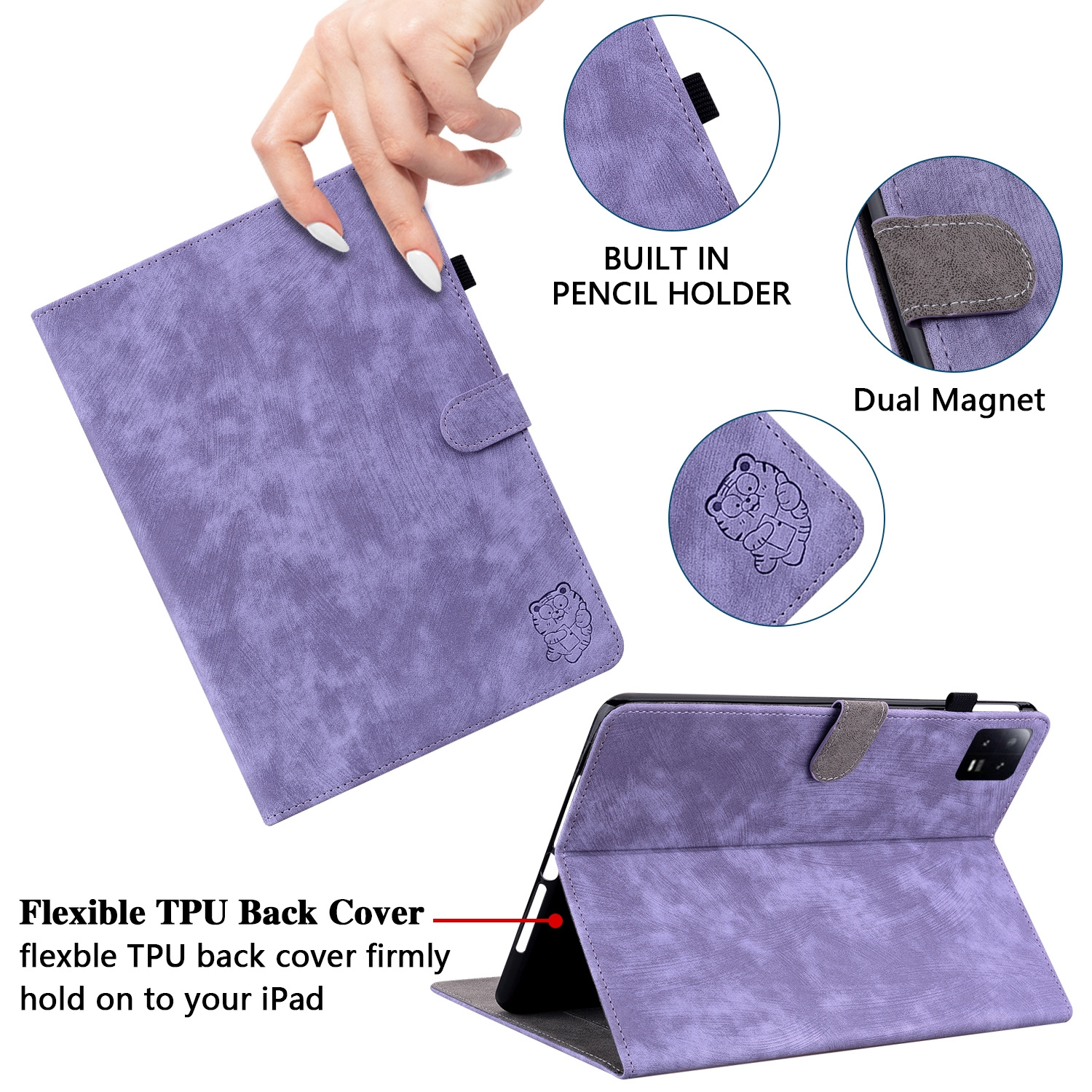 Lila Tablet-Hülle offen, mit einem Tablet darin. Stifthalter und Doppelmagnet. Text: Flexible TPU Back Cover.
