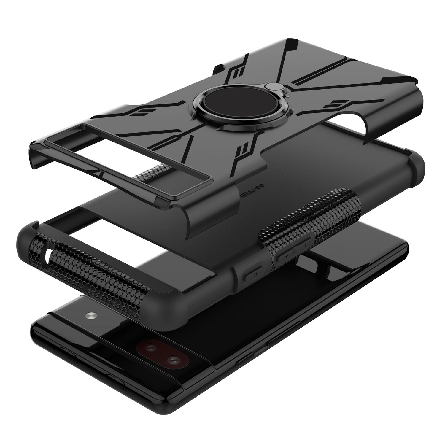 Schwarze Tablet-Hülle, drei Schichten mit Ringhalter. Für den Telefonschutz konzipiert.