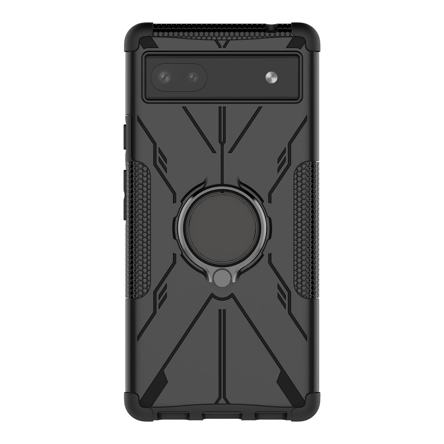 Schwarze Handyhülle mit Ringhalter auf weißem Hintergrund, zeigt Kamera- und Designdetails.