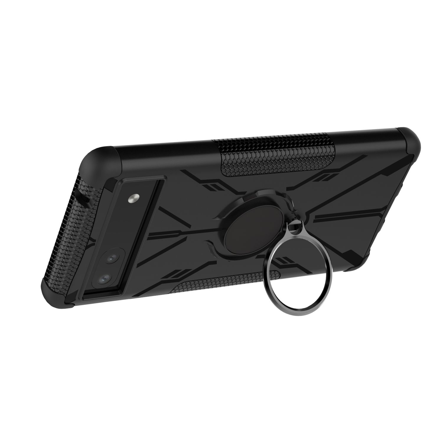 Schwarze Handyhülle mit Ringhalter. Der Halter ist silberfarben.