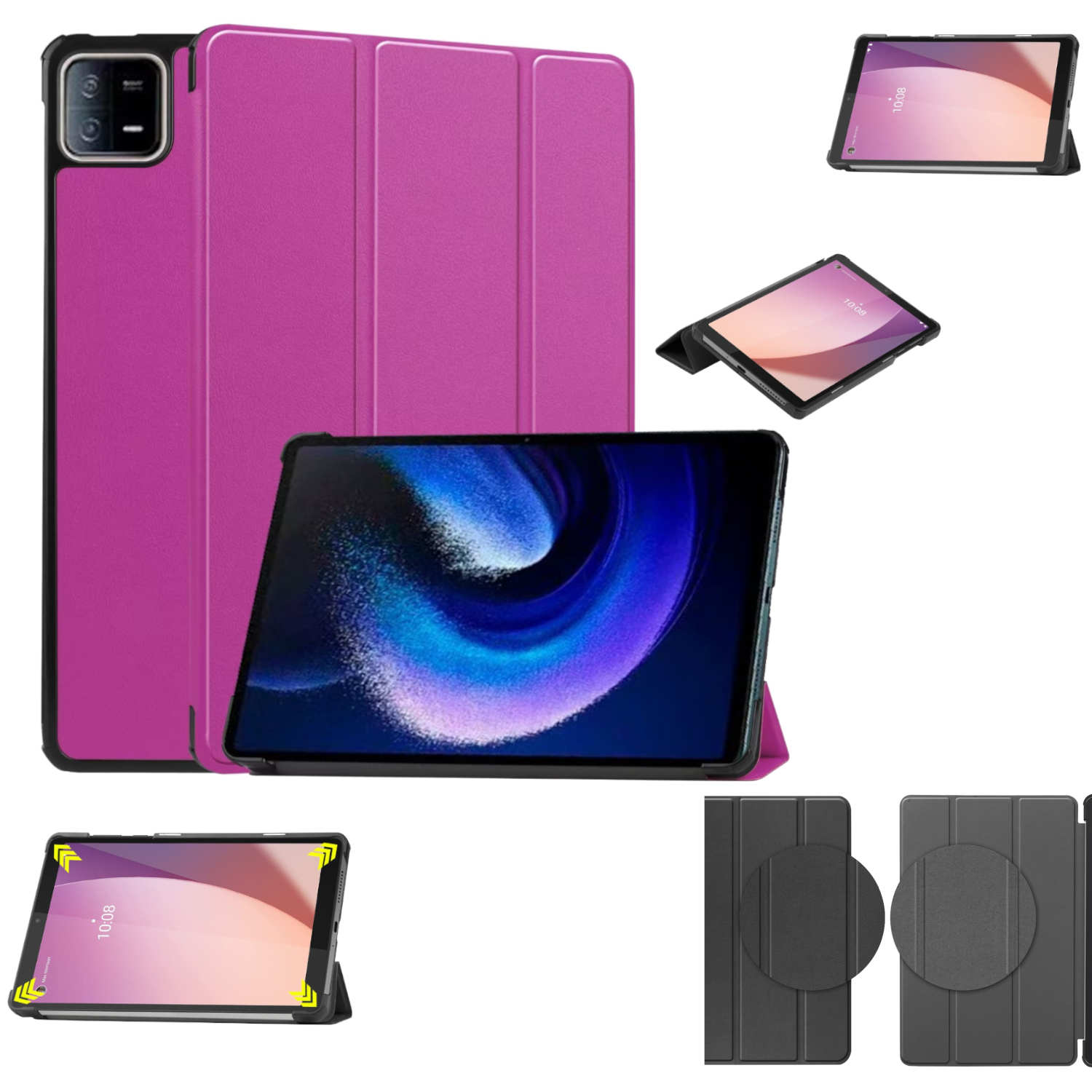 Tablet mit pinkfarbener Hülle und schwarzem Rahmen, auf weißer Oberfläche, umgeben von verschiedenen Ansichten.