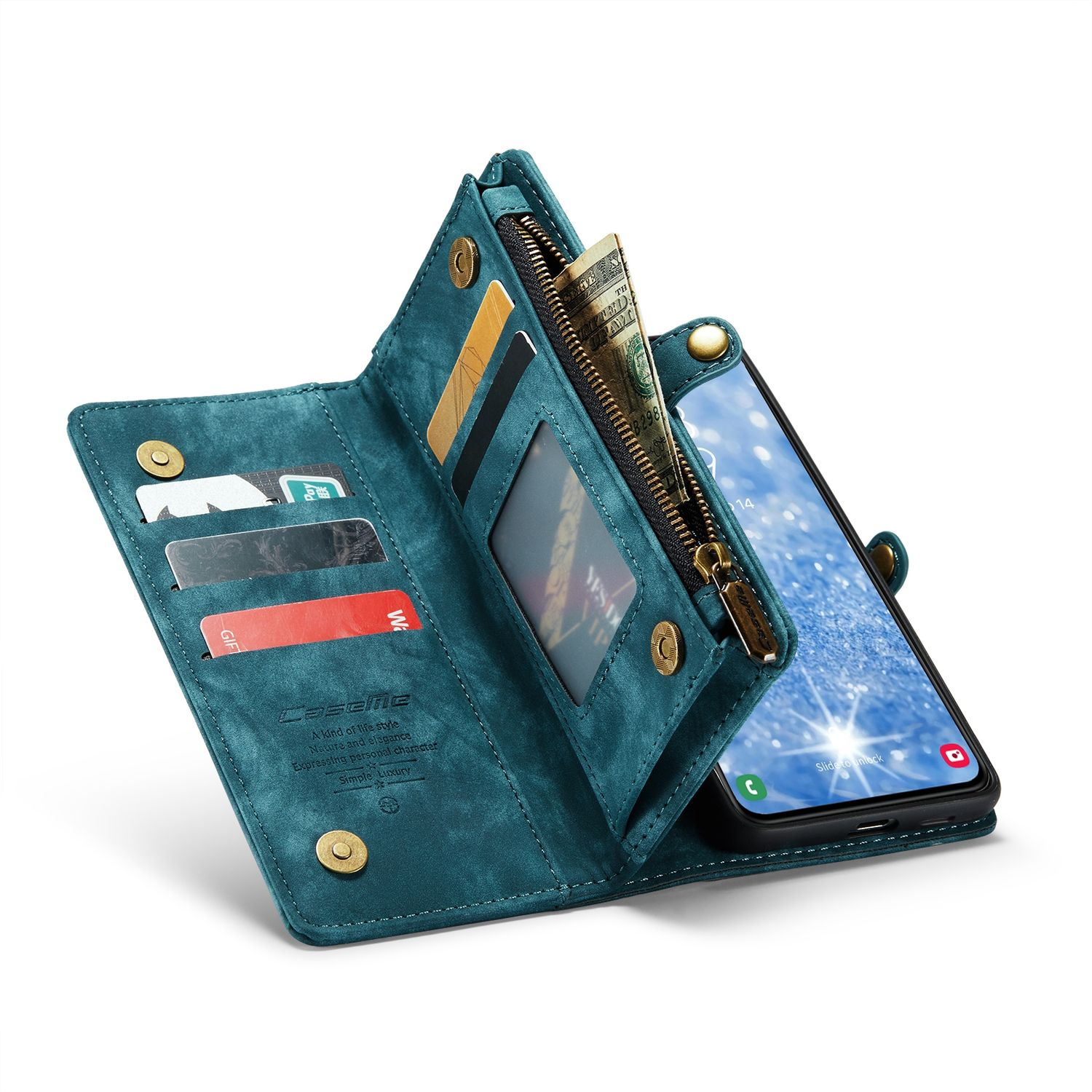 Eine türkisblaue Brieftaschen-Handyhülle, geöffnet mit Handy, Bargeld, Kartenfächern und Reißverschluss.