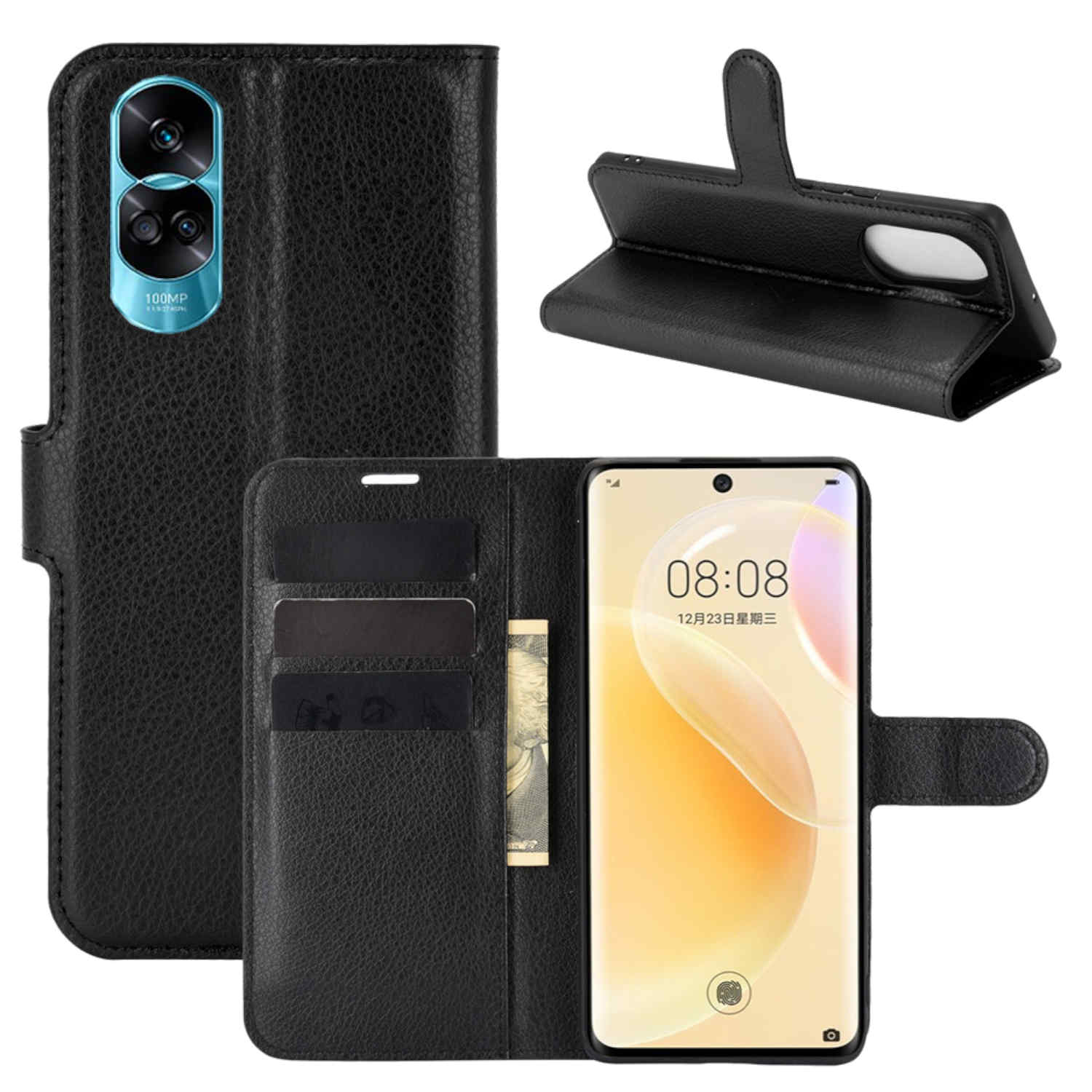Schwarze Leder-Handyhülle mit Telefon, und zwei weitere Ansichten. Die Hülle hat Kartenfächer und eine Tasche.