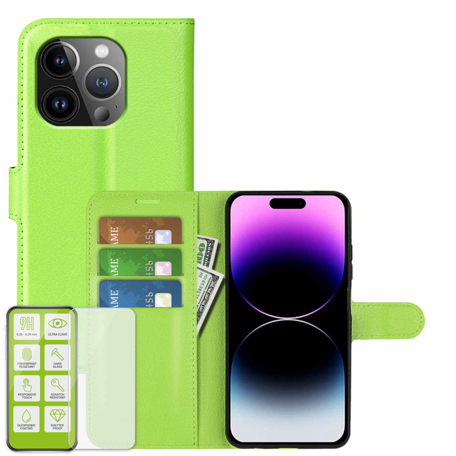 Grüne Handyhülle mit Karten und Rechnungen. Der Telefonbildschirm ist sichtbar. Der Hintergrund ist eine schlichte Wand.