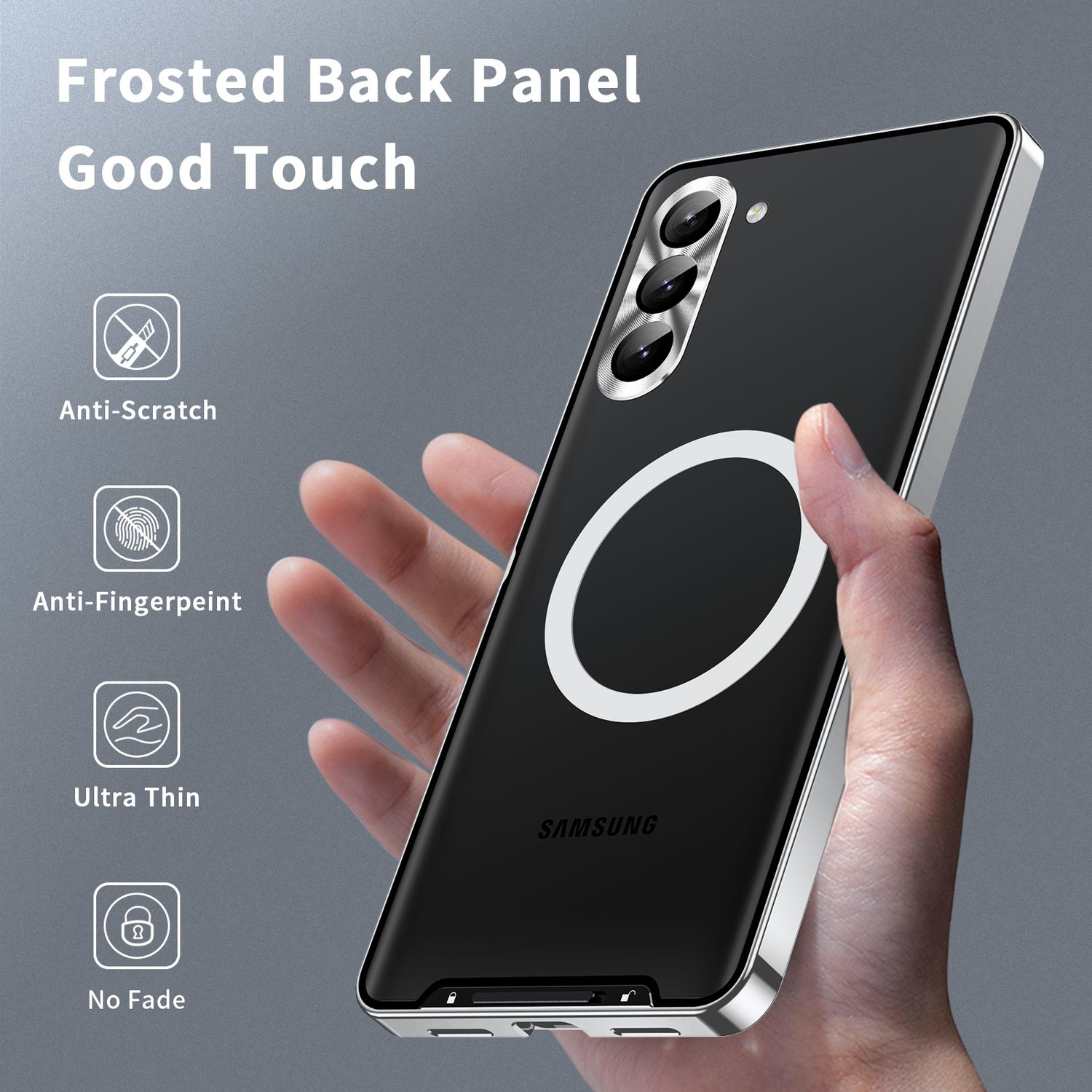 Eine schwarze Handyhülle mit silbernem Rahmen, weißem Kreis und Samsung-Logo.