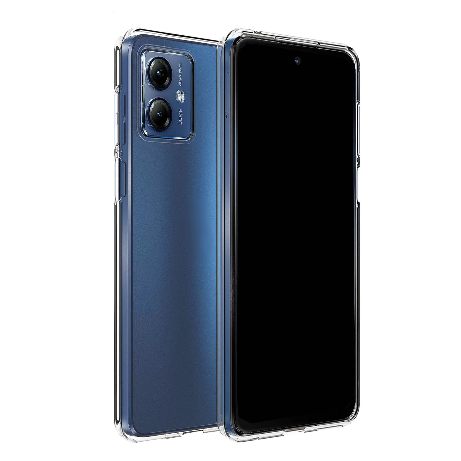 Eine transparente Handyhülle. Das Telefon ist blau mit zwei Kameras. Die Hülle zeigt die Rückseite und Seite.