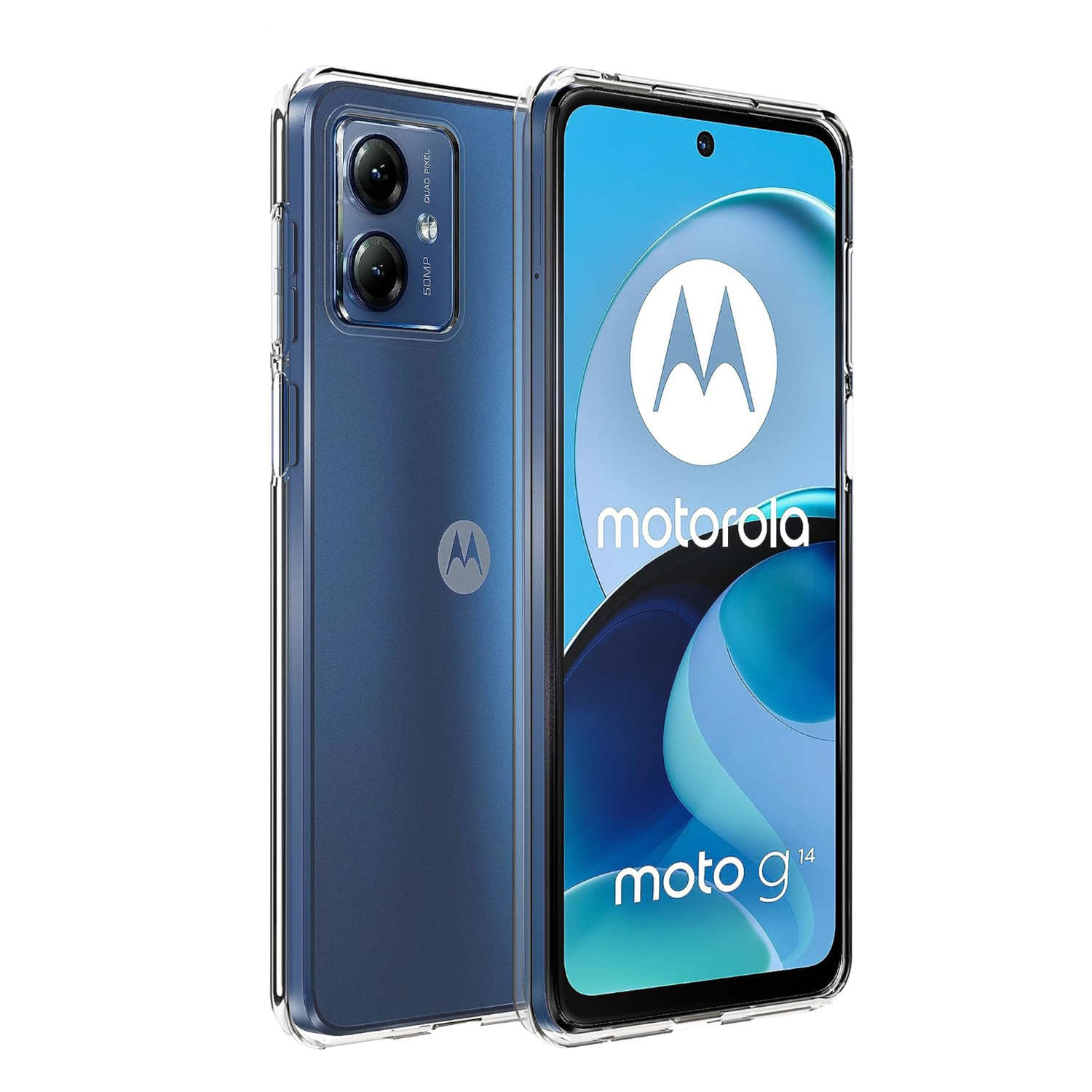 Eine transparente Handyhülle auf einem Telefon mit Motorola-Logo und blauem Hintergrund.