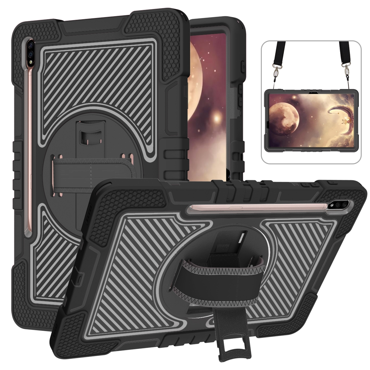 Tablet-Hülle mit Riemen und Ständer. Schwarz-graues Design. Grauer Hintergrund.