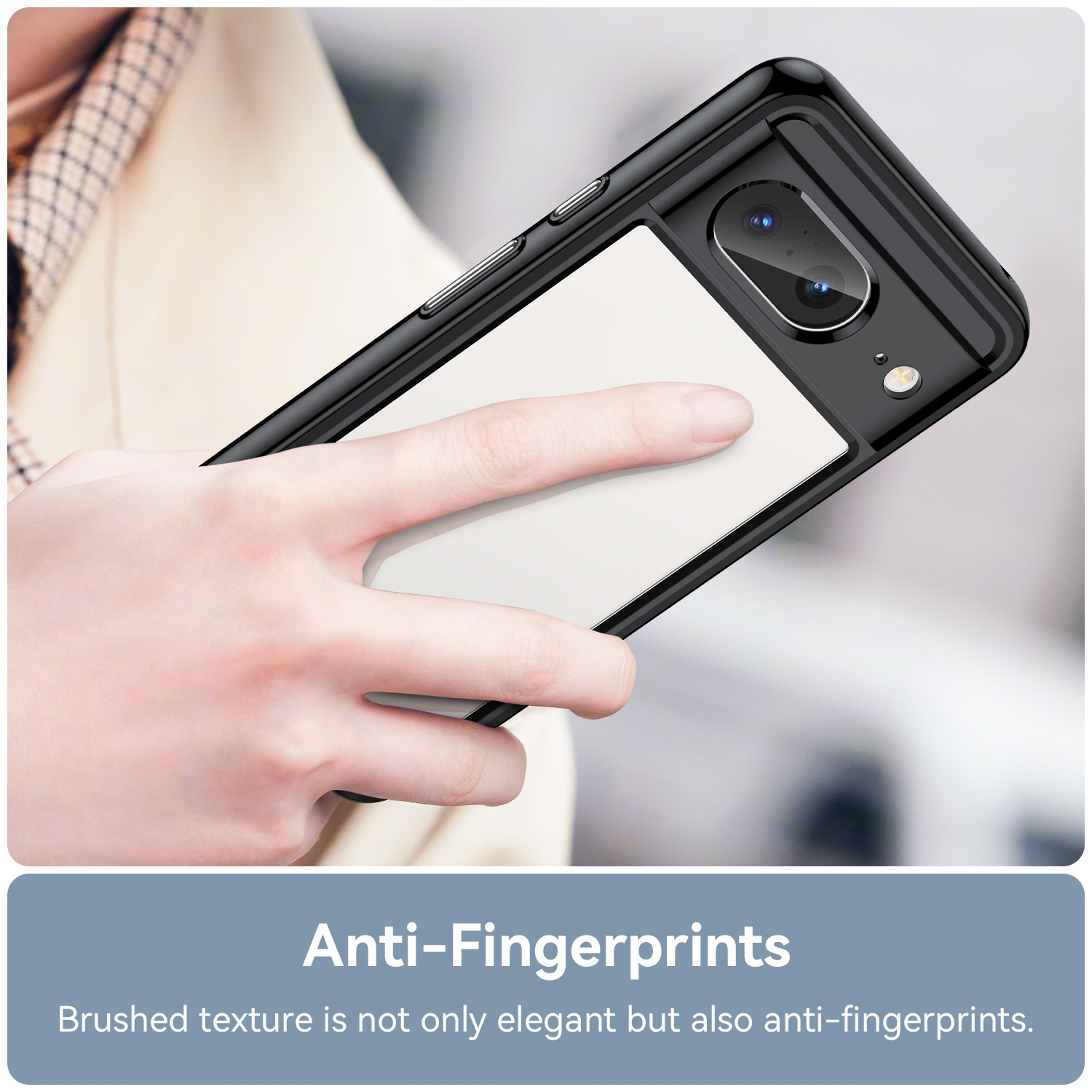 Schwarze Handyhülle mit weißem Rechteckdetail. Text lautet 'Anti-Fingerprints'. Telefon in der Hand einer Person.