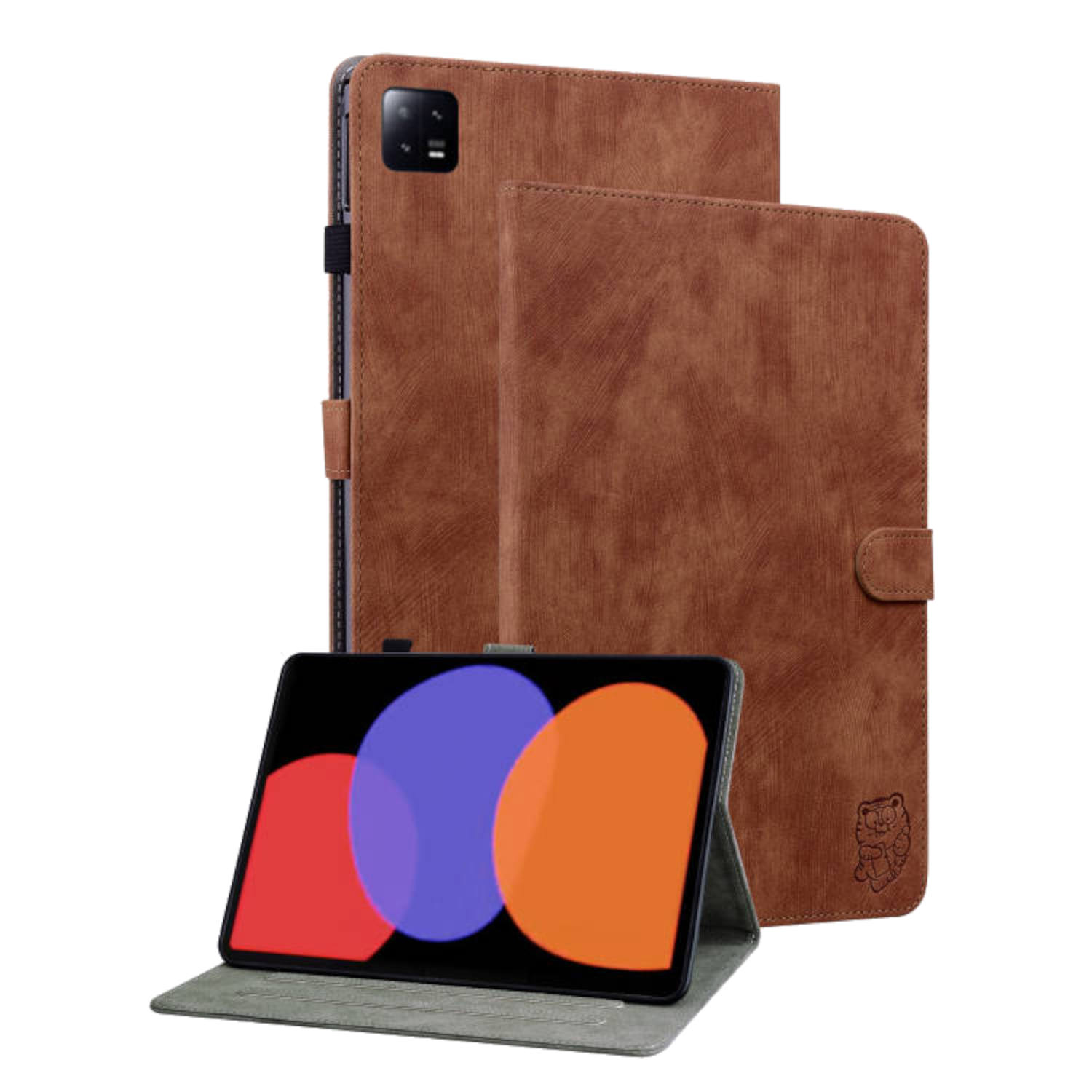 Braune Tablethülle mit Tablet. Das Tablet hat farbige Formen auf dem Bildschirm.