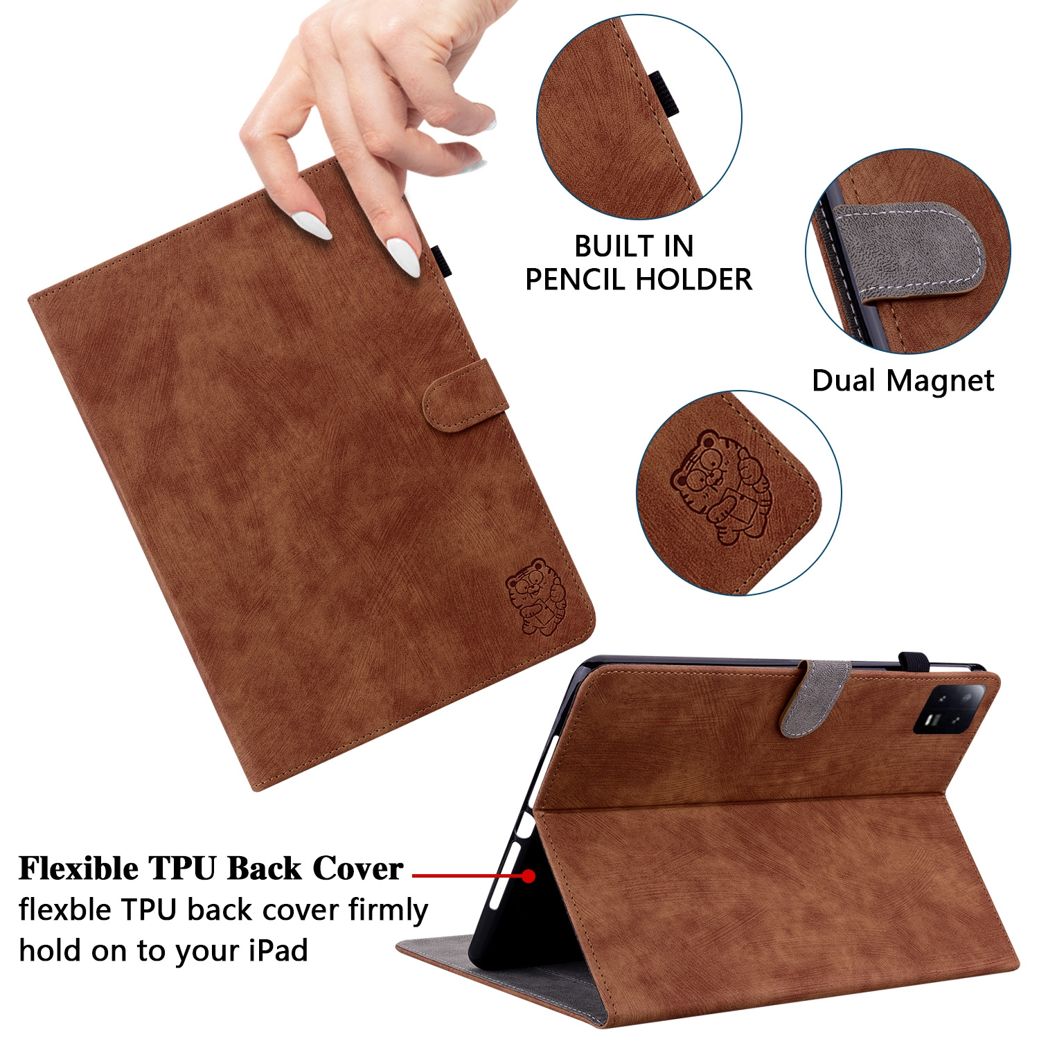 Geöffnete braune Tablethülle mit Tablet. Details der Hülle und des Tablets sind sichtbar.