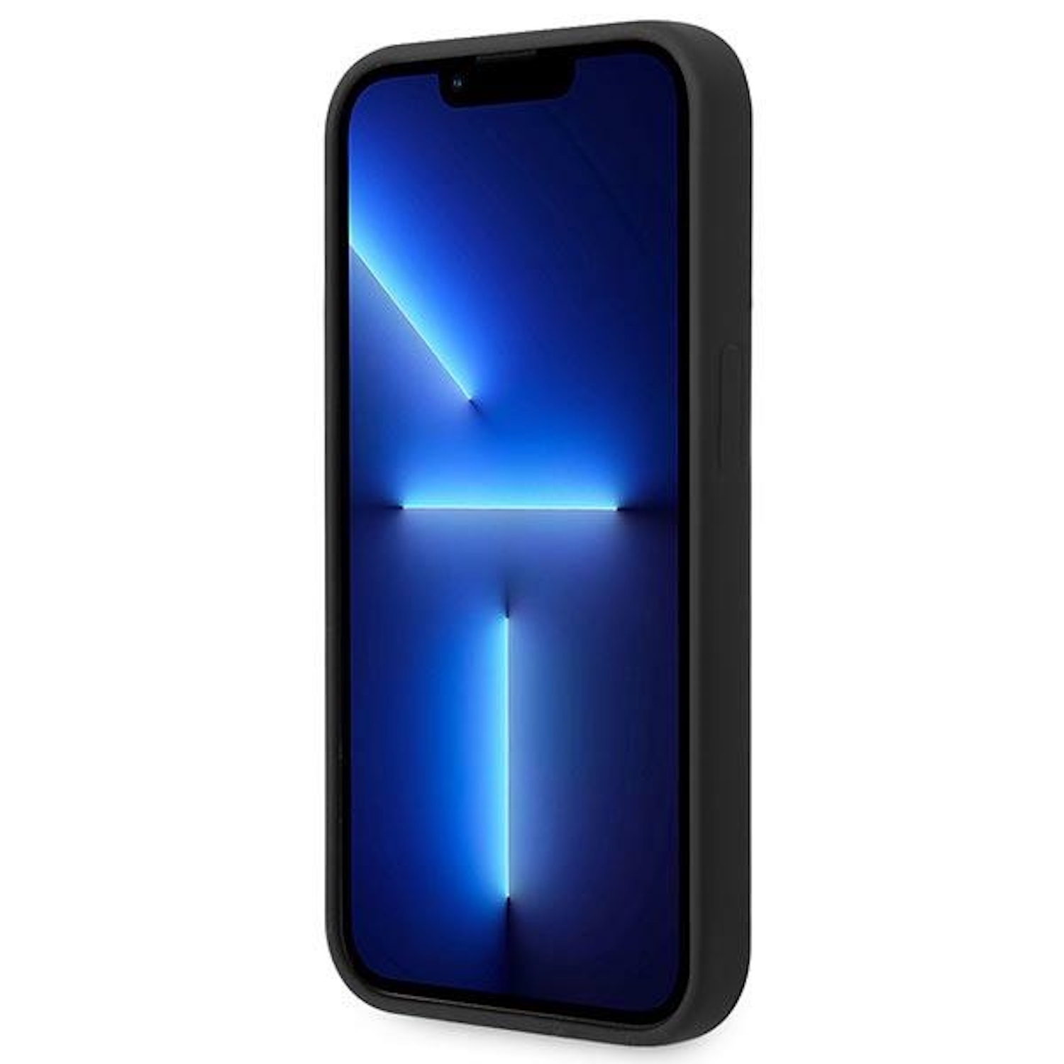 Schwarze Handyhülle mit einem Telefon darin. Der Bildschirm zeigt ein blaues abstraktes Bild mit einem vertikalen Licht.