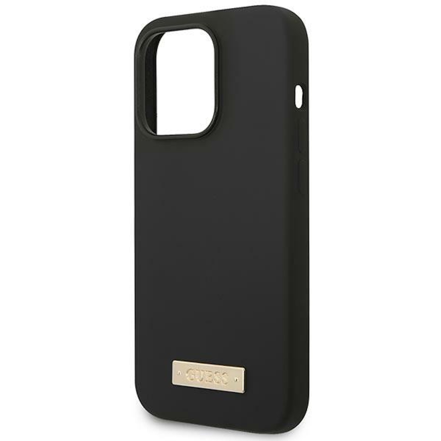 Eine schwarze Handyhülle mit einem goldenen Logo, GUESS, am unteren Rand.