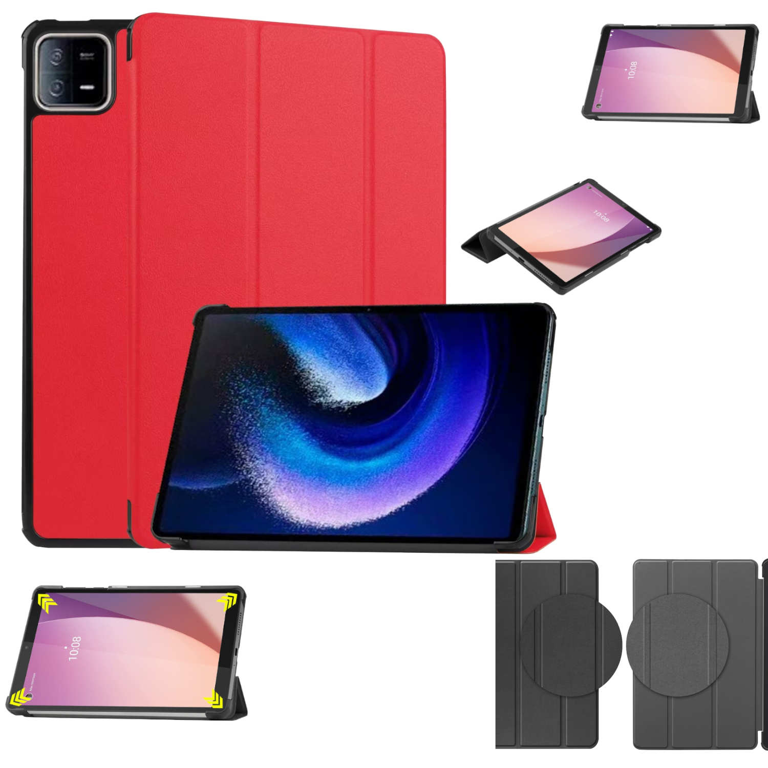 Tablet mit roter Hülle. Mehrere Ansichten des Tablets mit Hülle sind sichtbar.