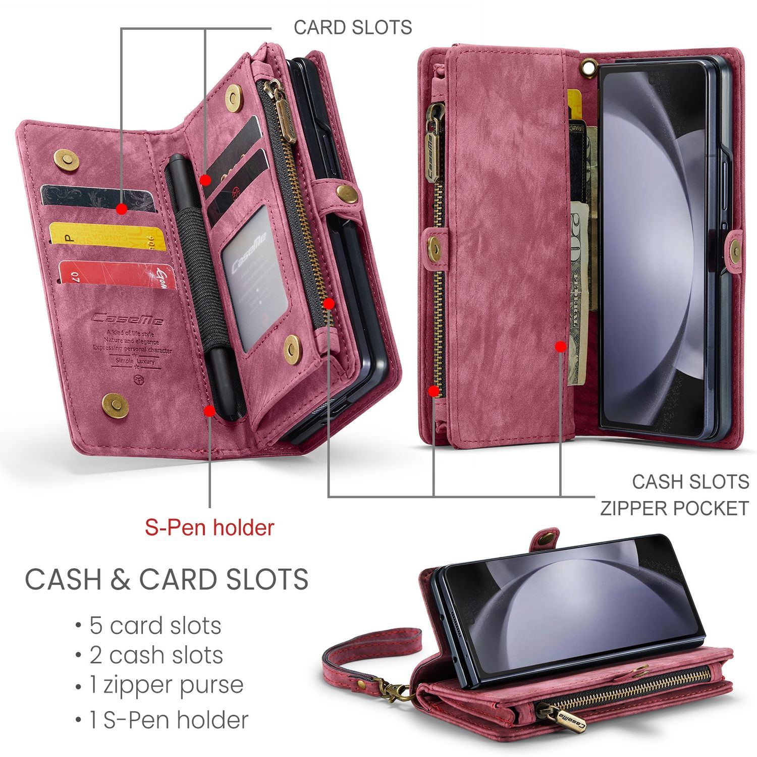 Dunkelrote Brieftasche für das Telefon, geöffnet mit Karten, Bargeld und Stift in Schlitzen, plus Telefon.