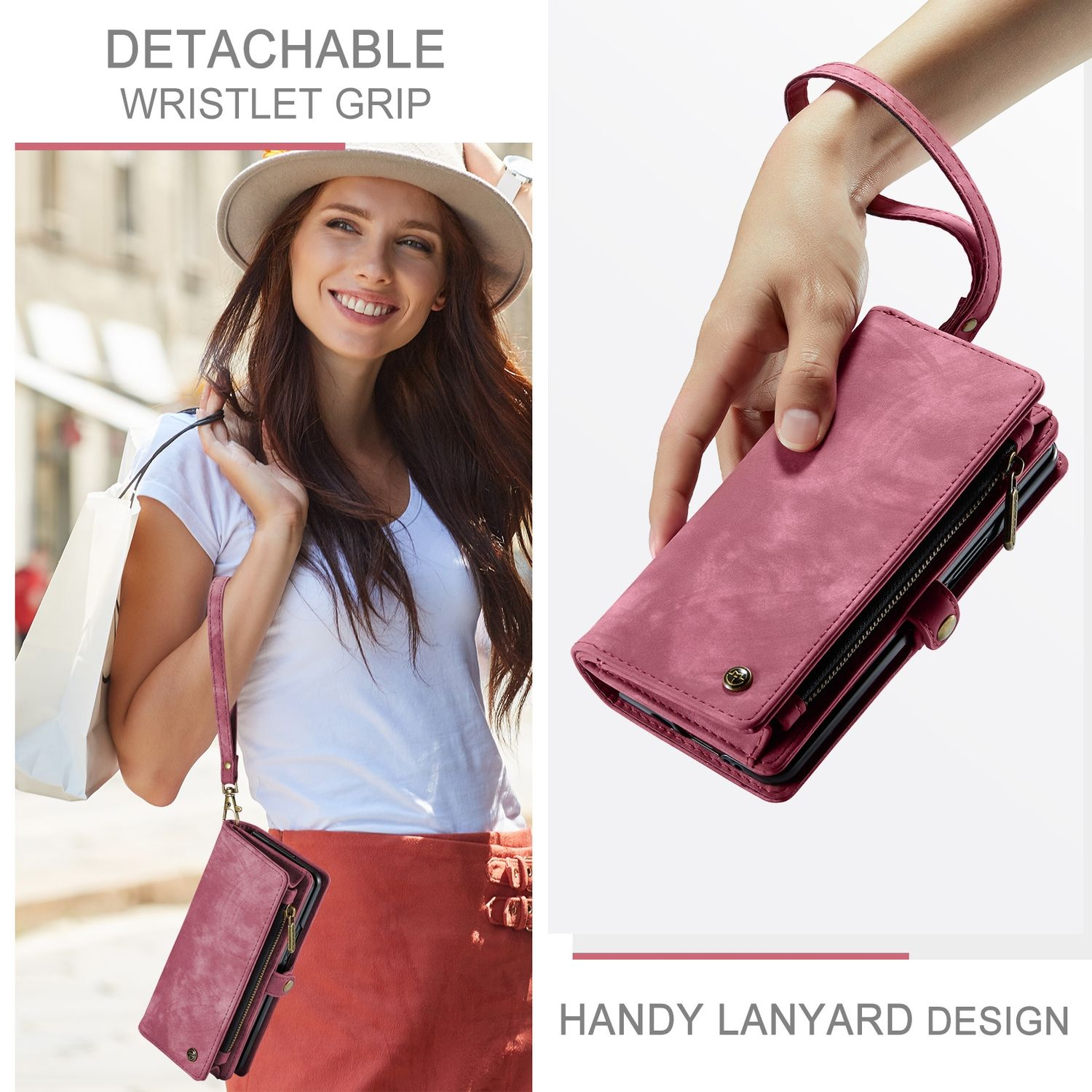 Frau hält eine pinke Handyhülle mit abnehmbarer Handschlaufe. Text unten: 'Handy Lanyard Design'.