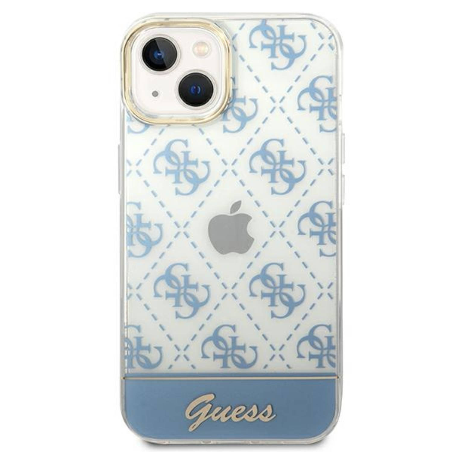 Custodia trasparente per telefono con logo Guess e motivo blu, che mostra il retro del telefono.